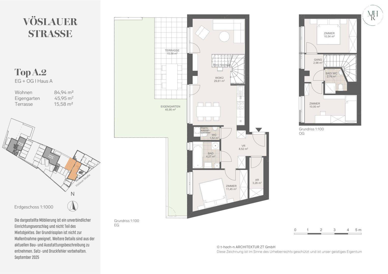 Detaillierter Grundriss der Wohneinheit Top A.2 mit Garten, Terrasse und zwei Etagen.