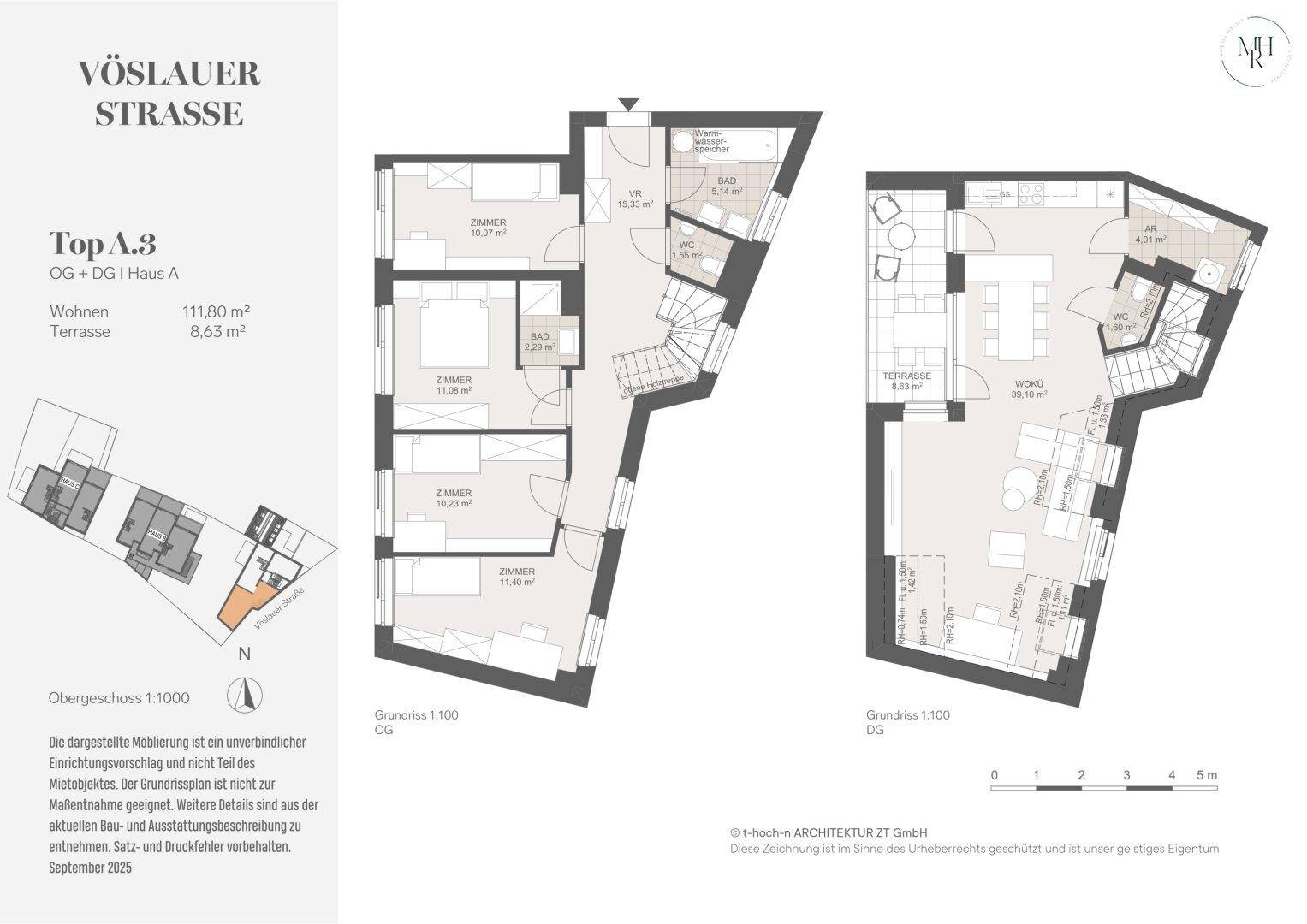 Grundriss für eine Maisonette-Wohnung mit drei Zimmern, offener Wohnküche und Terrasse.