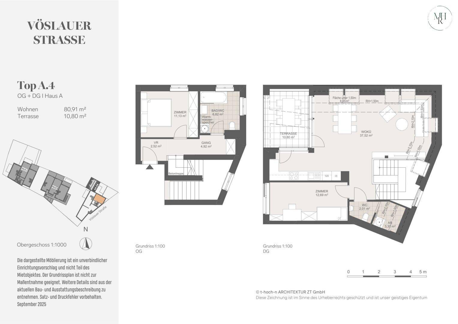 Grundriss für Top A.4 im Ober- und Dachgeschoss mit Terrasse und mehreren Zimmern.