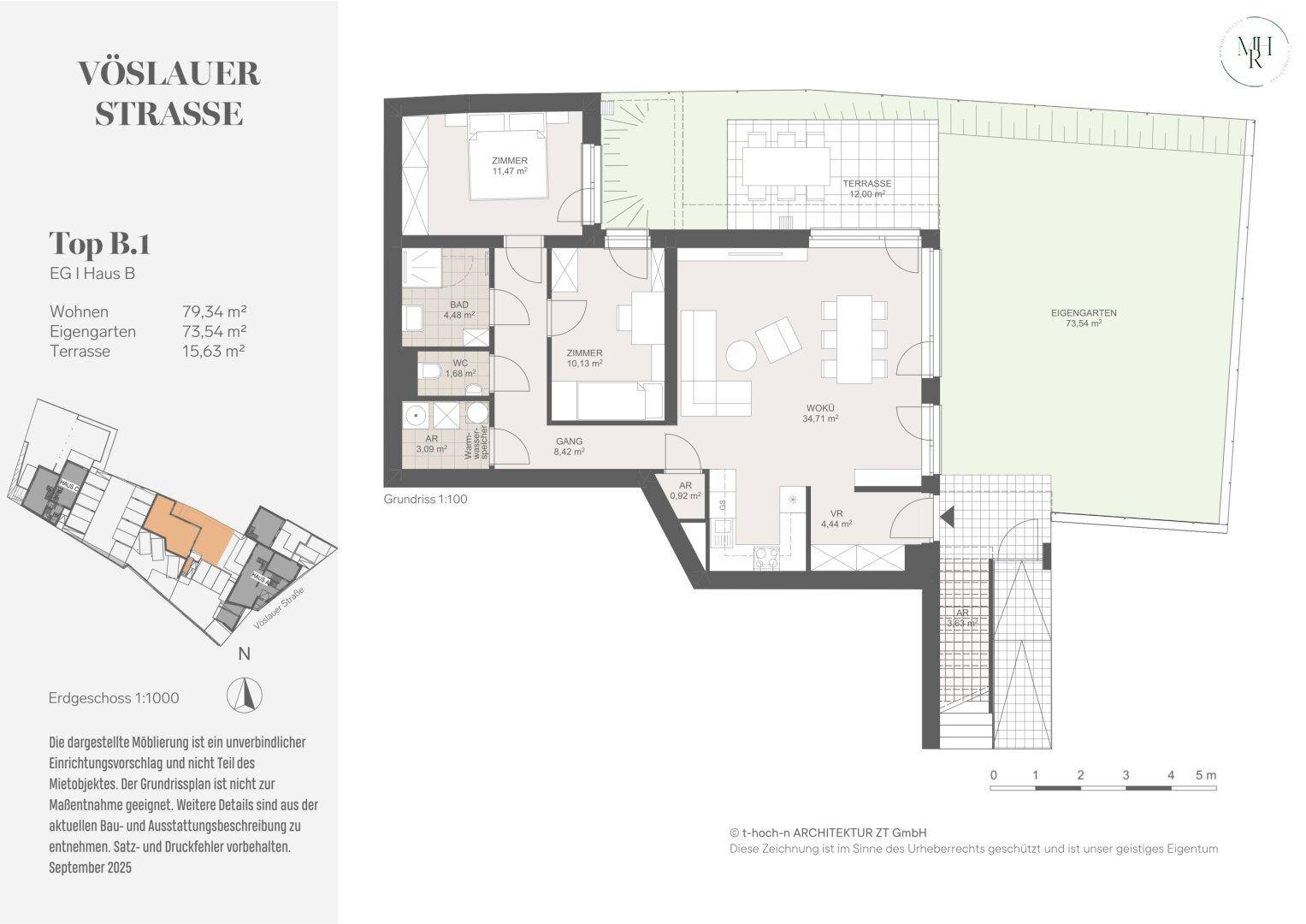 Detaillierter Grundriss einer Wohnung mit offener Gestaltung, Terrasse und eigenem Gartenbereich.