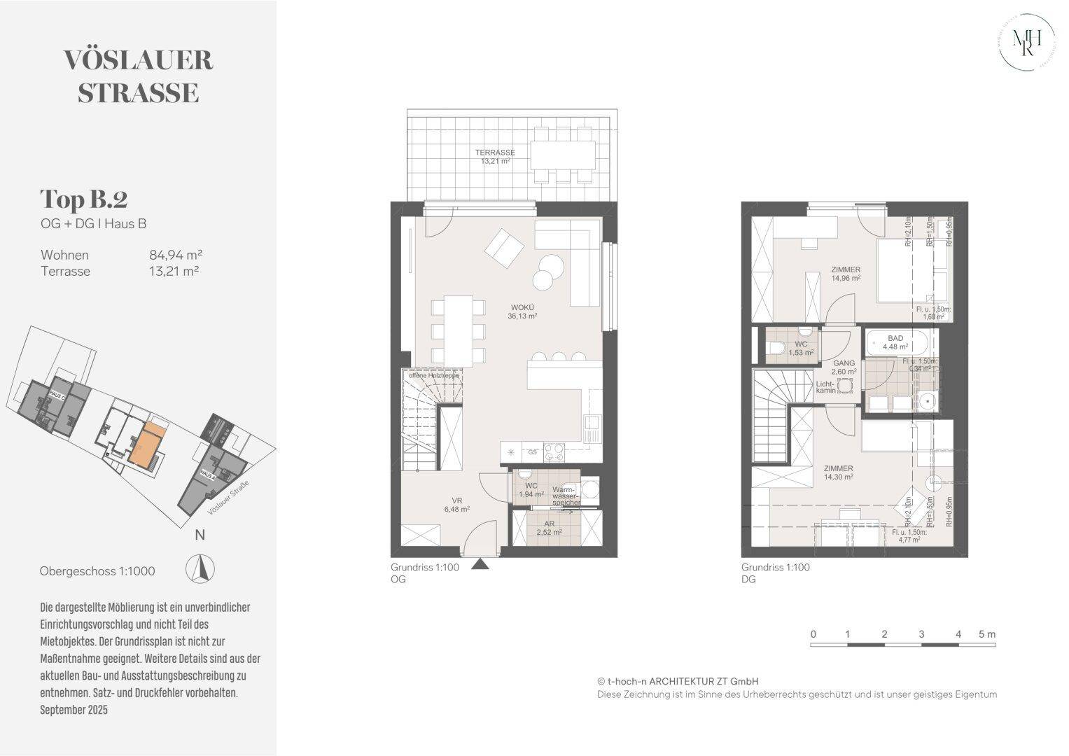 Detaillierter Grundriss der Wohnung Top B.2 mit Terrasse, Wohnbereich und zwei Schlafzimmern.