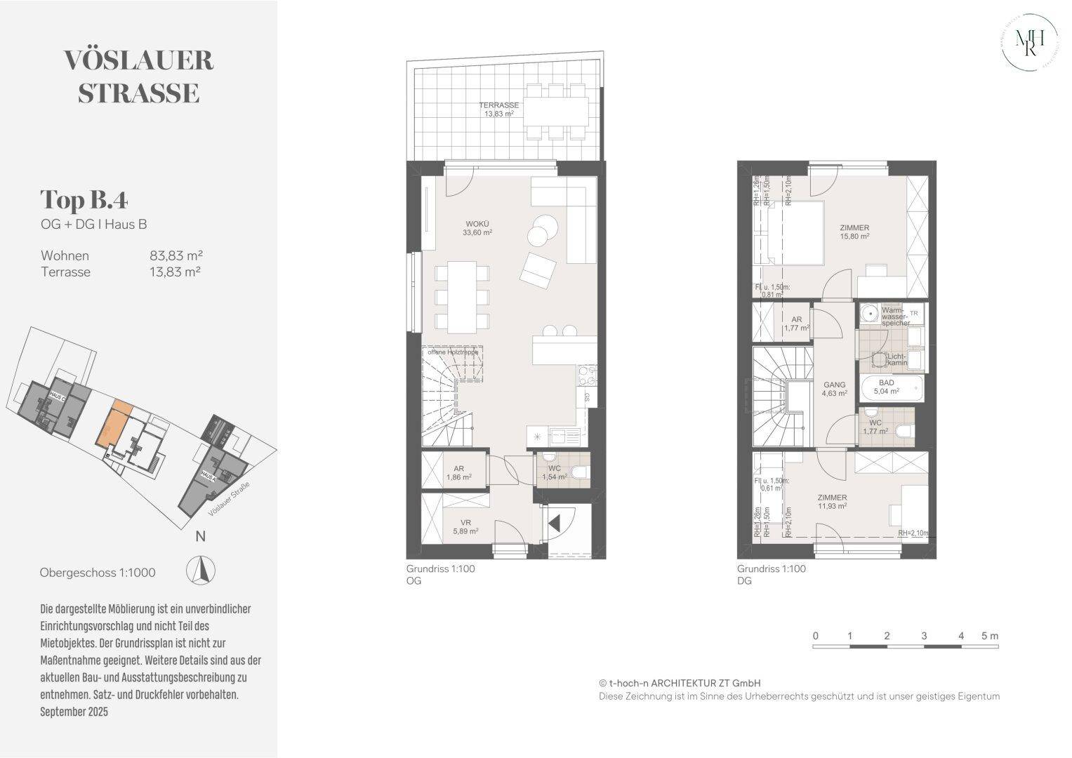 Grundriss für Top B.4 mit offenem Wohnbereich, Terrasse und zwei Schlafzimmern.