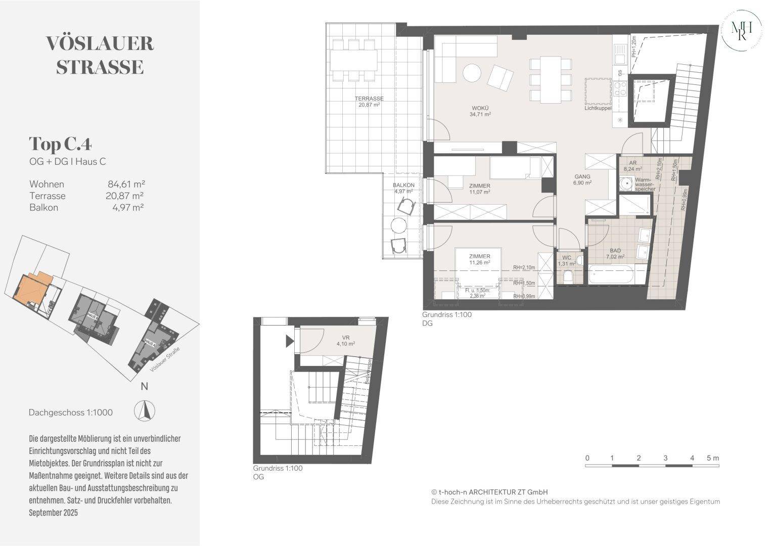 Grundriss der Wohnung Top C.4 mit Wohnzimmer, zwei Schlafzimmern, Bad, WC, Balkon und Terrasse.