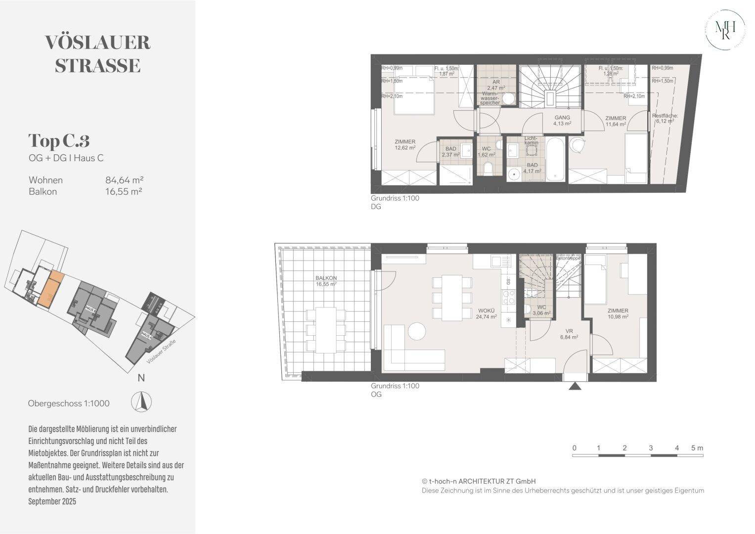 Detaillierter Grundriss für eine Maisonette-Wohnung mit Balkon und zwei Etagen.