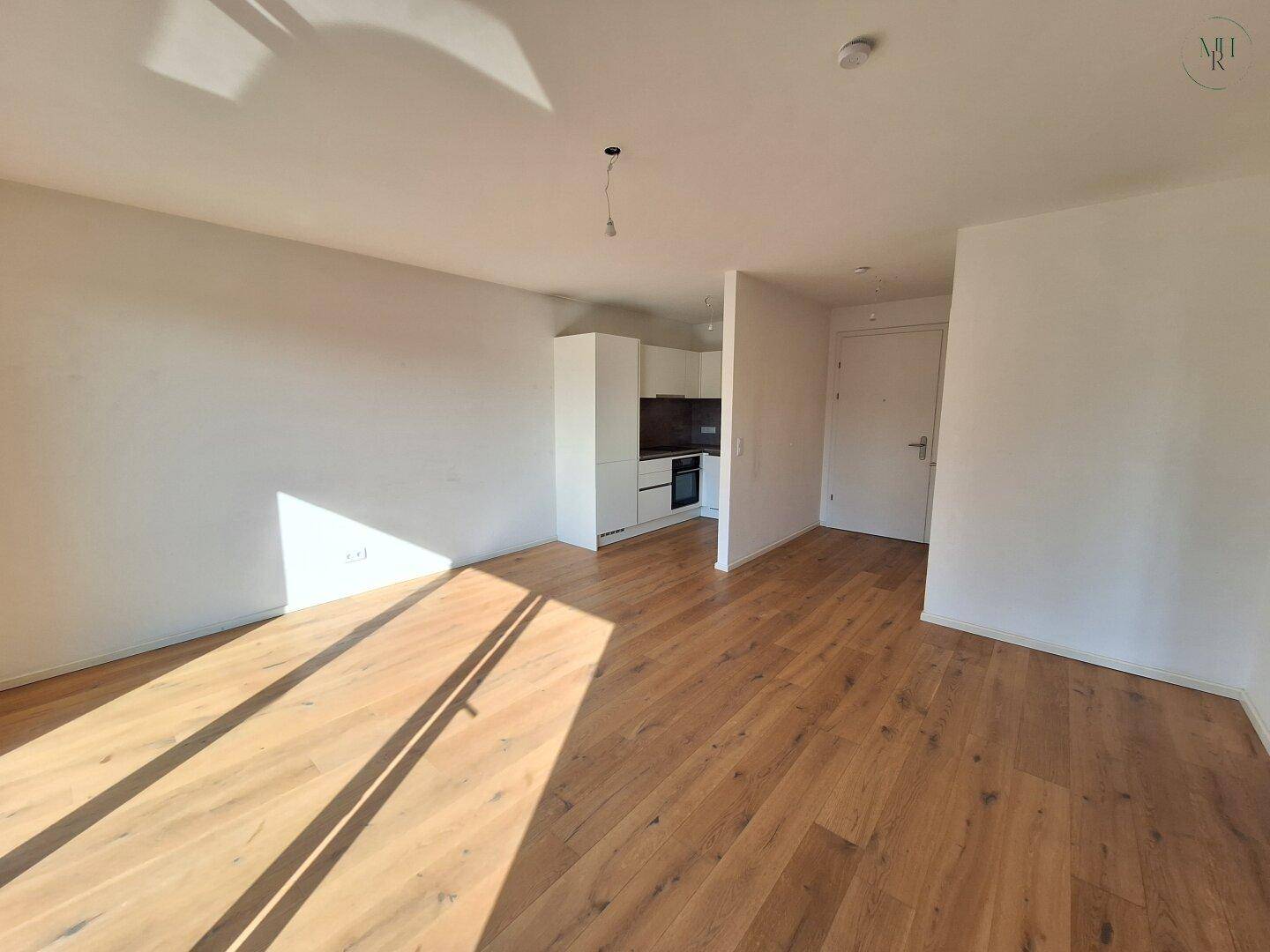 Offener Wohnbereich mit Holzboden und viel Tageslicht, angrenzend an eine moderne Küche.