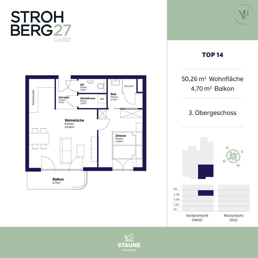 Grundriss der Wohnung TOP 14 mit 50,26 m² Wohnfläche, Balkon und offener Wohnküche.