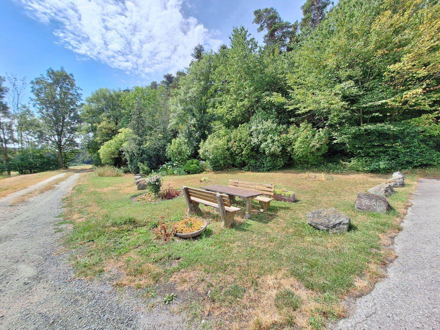 Gartenbereich mit Holzbänken und einem Tisch, umgeben von Bäumen und Natur, ideal zum Entspannen.
