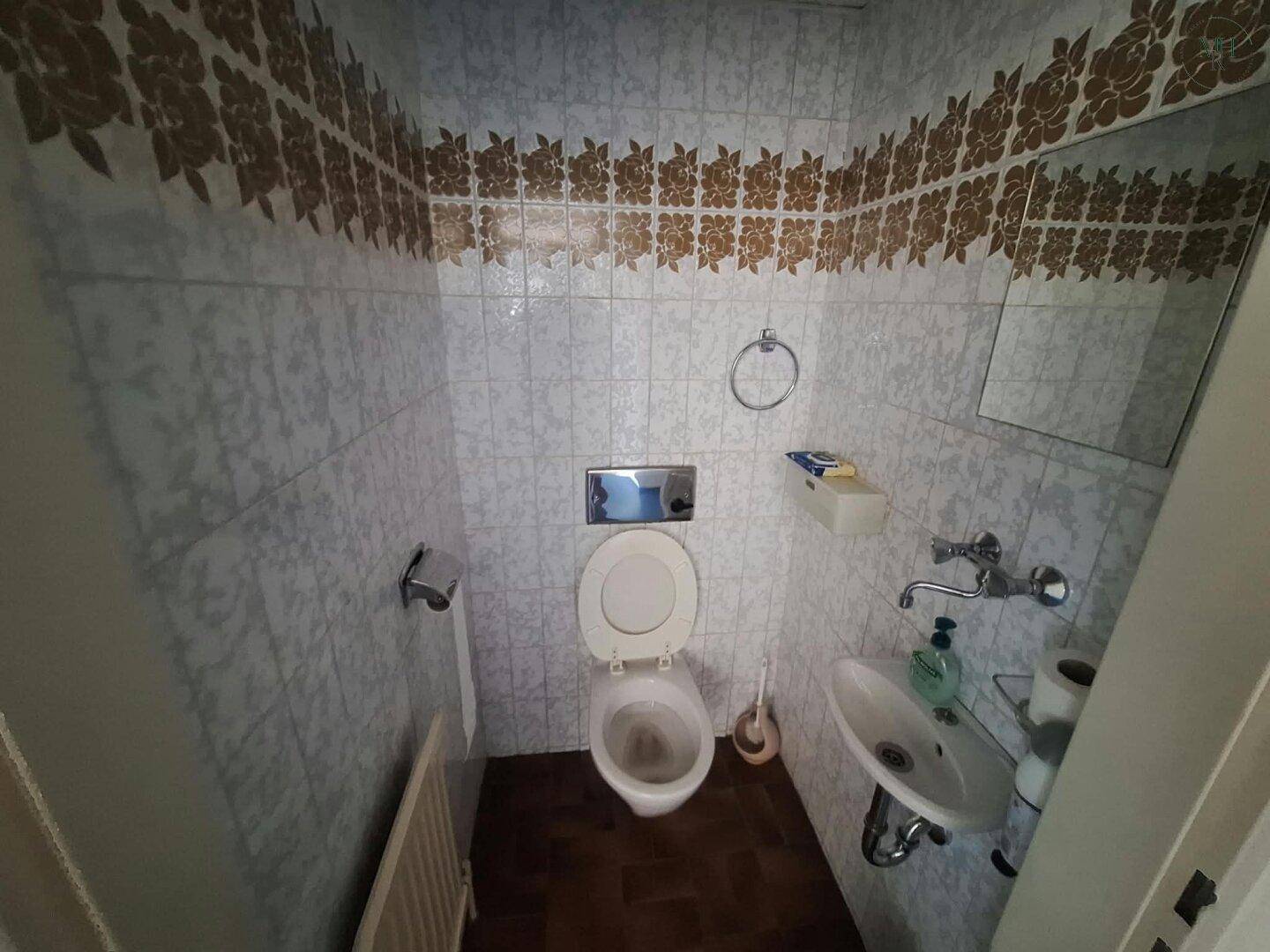 Kleines Badezimmer mit WC, Waschbecken und gemusterten Fliesen an den Wänden.