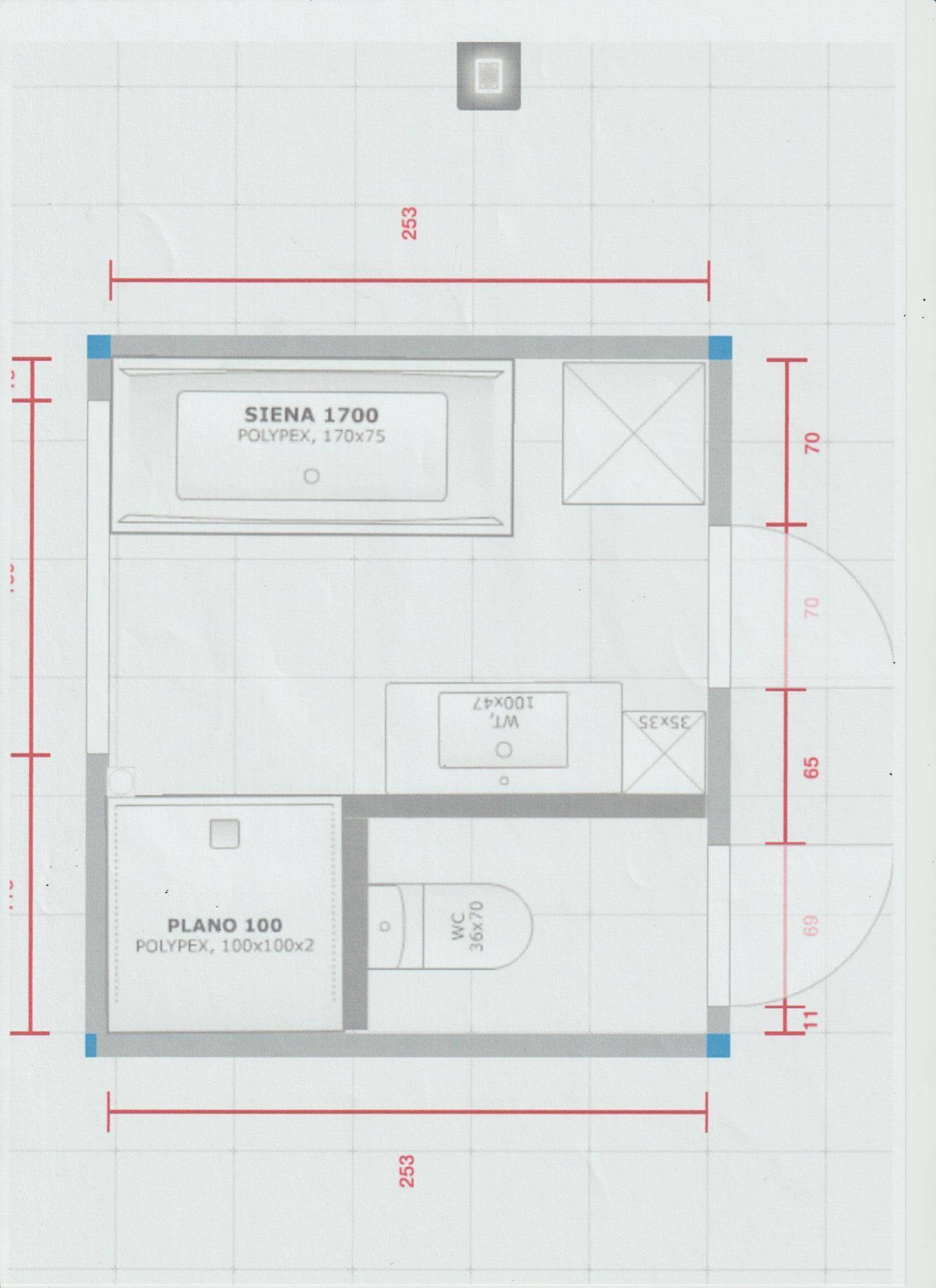 Grundriss für ein Badezimmer mit Badewanne, Dusche, Waschbecken und WC.