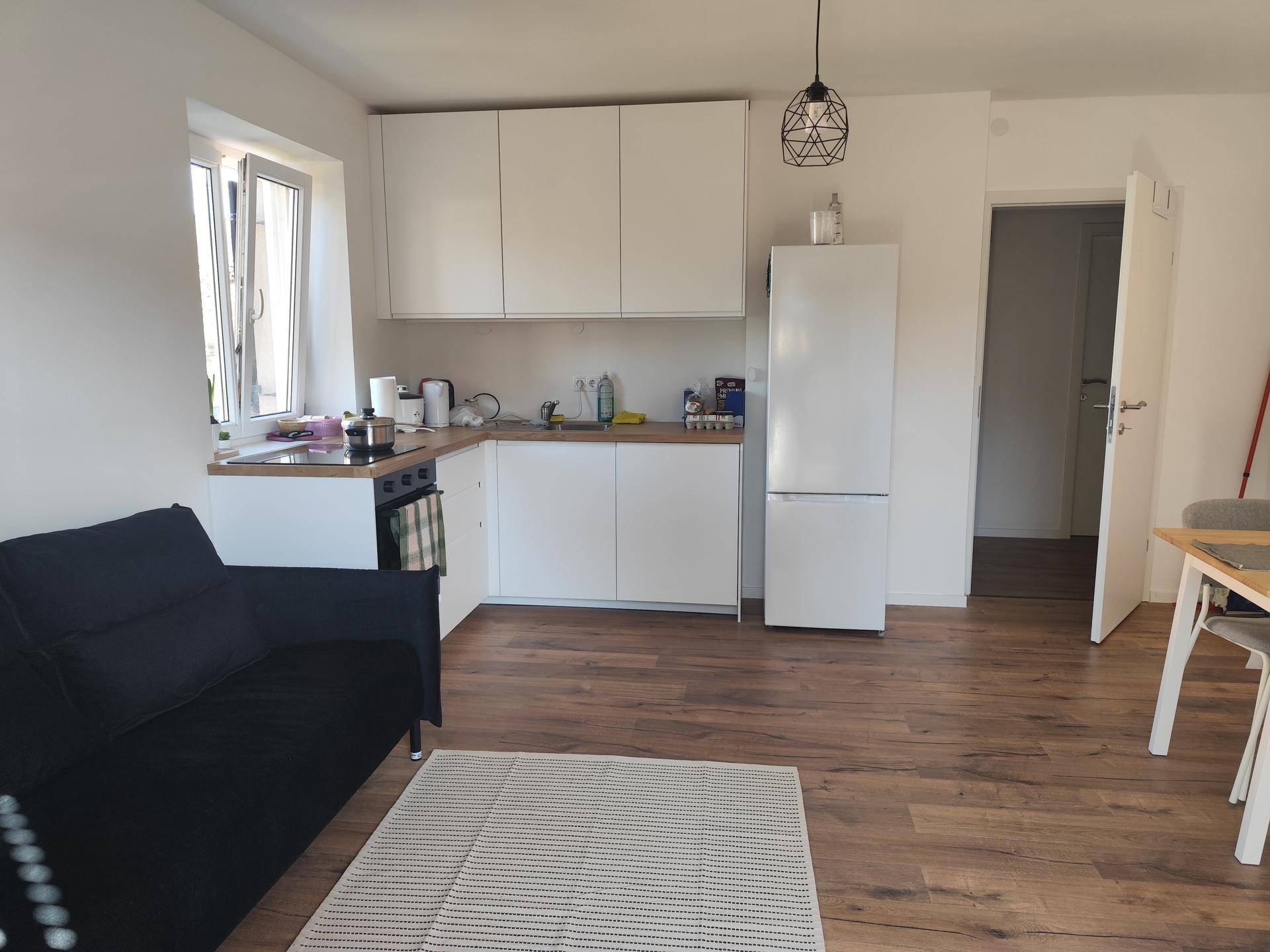 Offener Wohnbereich mit integrierter Küche, Sofa und Essbereich, ideal für modernes Wohnen.