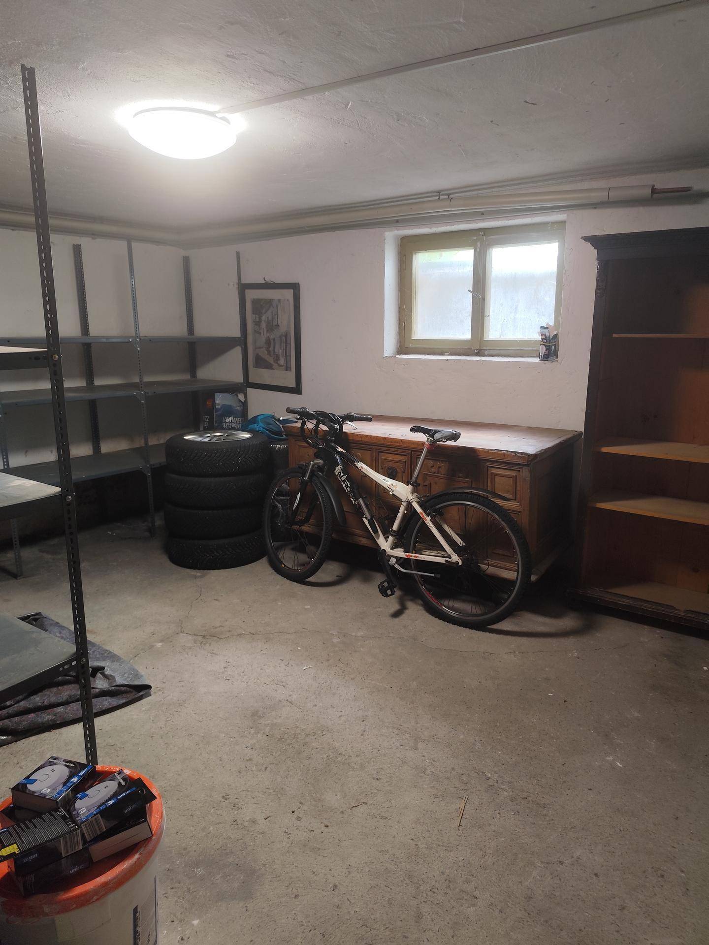 Geräumiger Kellerraum mit Regalen, Fahrrad und Fenster, ideal als Abstellfläche.