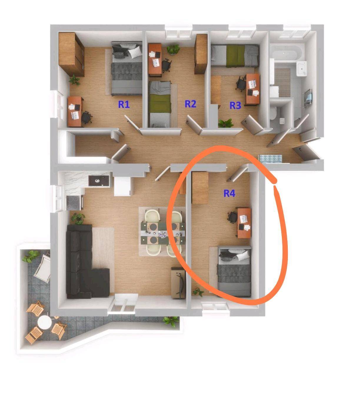 Detaillierter Grundriss einer Wohnung mit vier Schlafzimmern, offenem Wohnbereich und Balkon.
