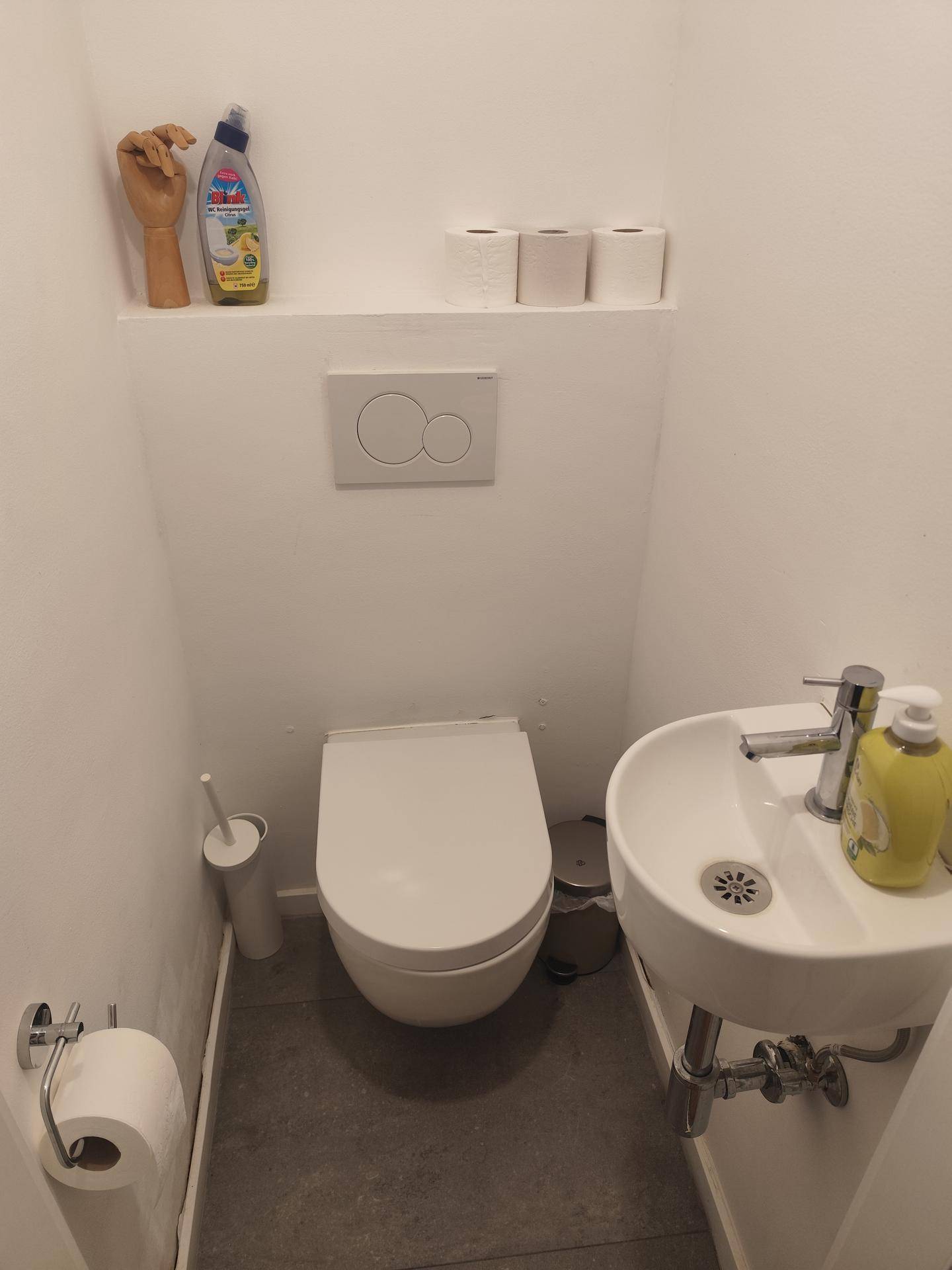 Kleines Gäste-WC mit wandhängender Toilette und modernem Waschbecken, funktional gestaltet.