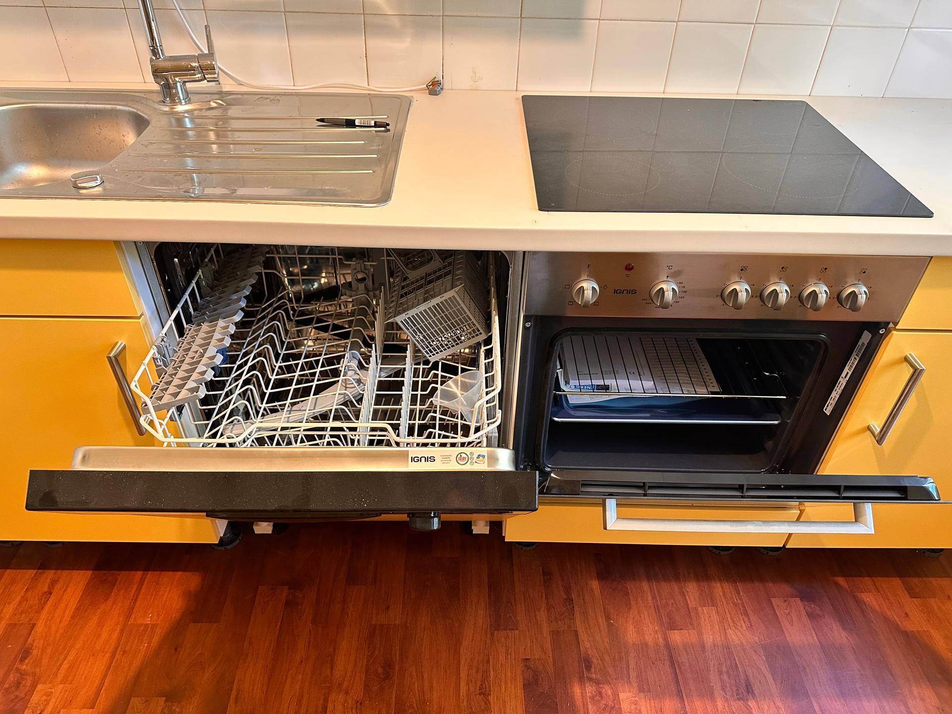 Nahaufnahme der Küchenzeile mit Geschirrspüler, Spüle, Induktionskochfeld und Backofen.