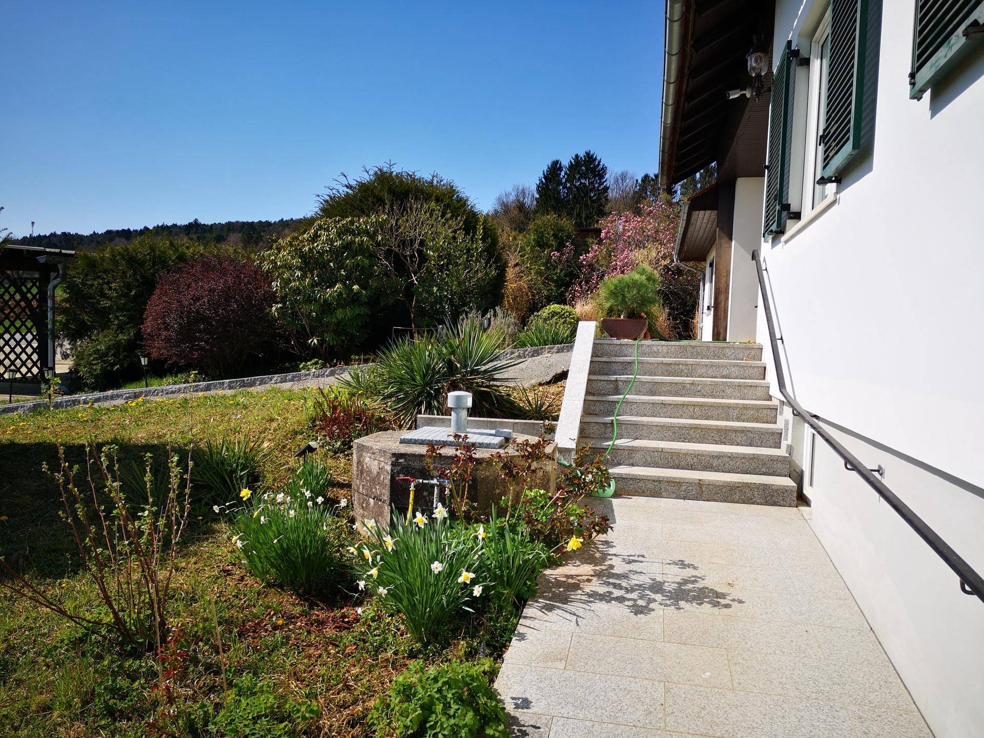 Steintreppe und gepflasterter Weg durch einen Garten mit verschiedenen Pflanzen und einem Betonschacht.