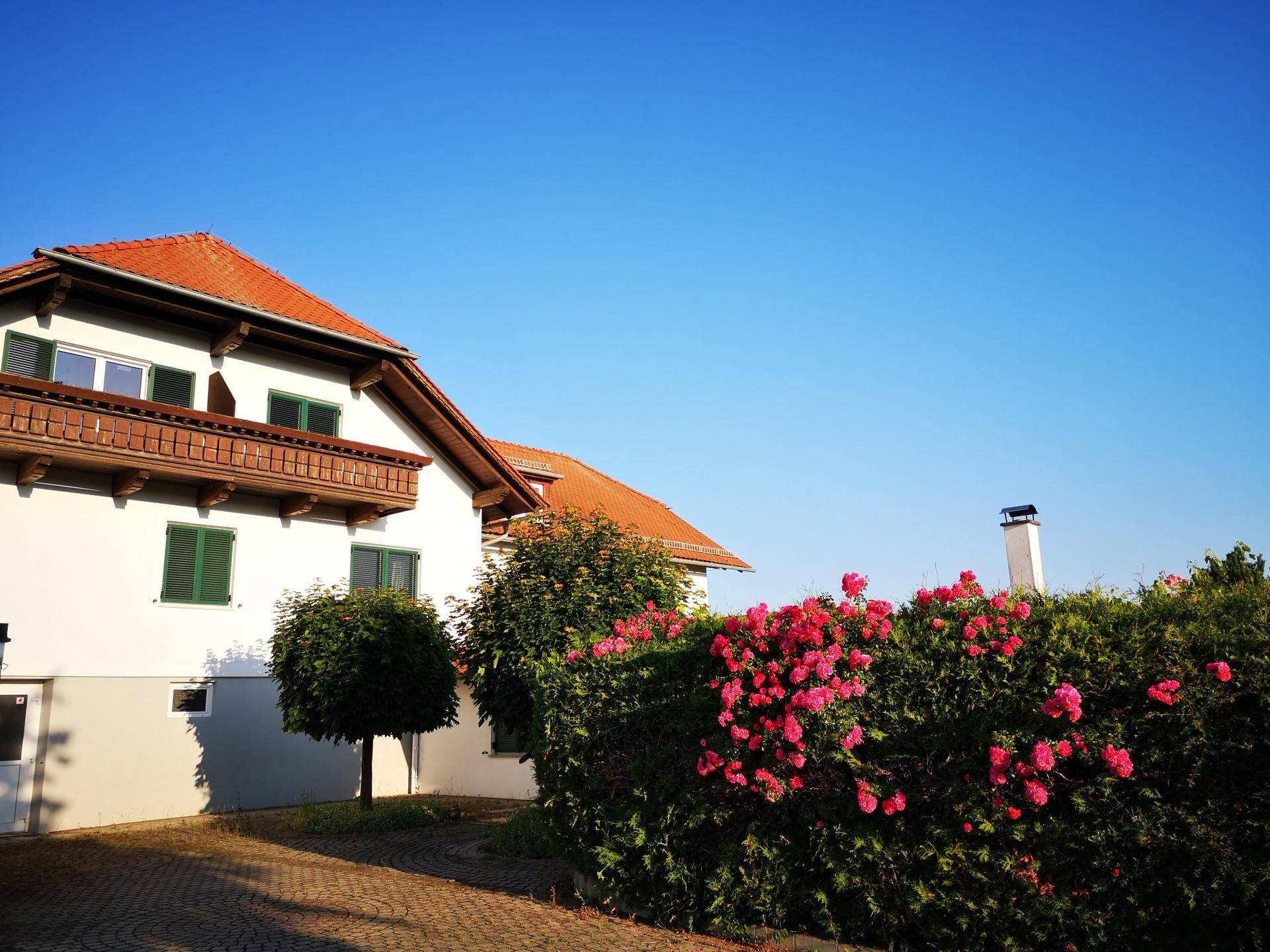 Traditionelles Haus mit Holzbalkon und rotem Ziegeldach, umgeben von einer blühenden Rosenhecke.