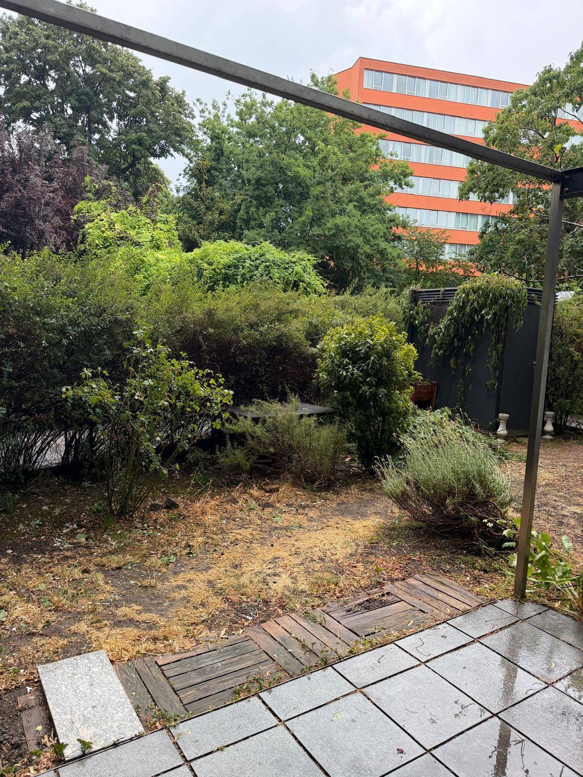 Grüner Gartenbereich mit Terrasse und üppiger Vegetation, ideal zum Entspannen im Freien.