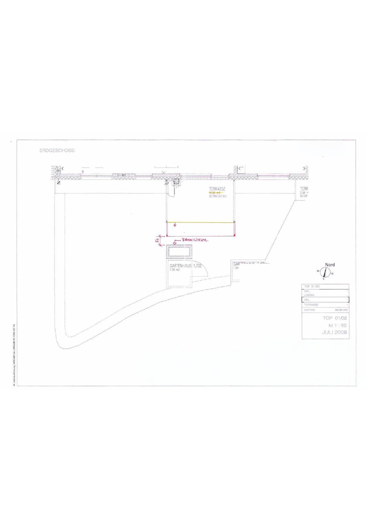 Übersichtsplan des Außenbereichs mit Gartenhaus und Terrasse.