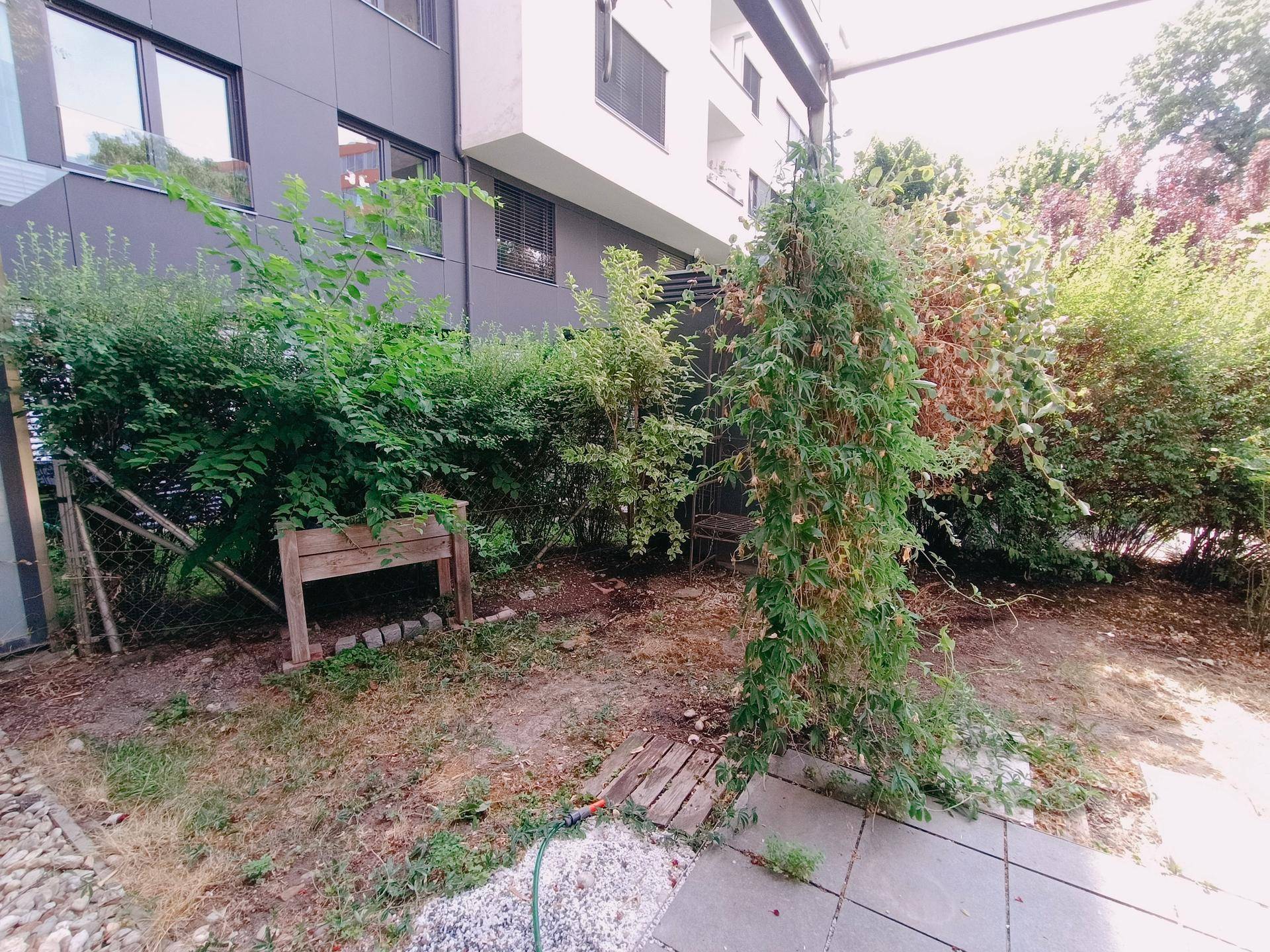 Grüner Gartenbereich mit verschiedenen Pflanzen und einem Hochbeet, angrenzend an eine Terrasse.