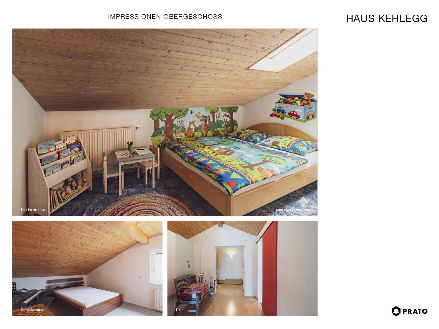 Kinderzimmer mit Holzdachschräge, farbenfroher Dekoration und gemütlichem Bett.