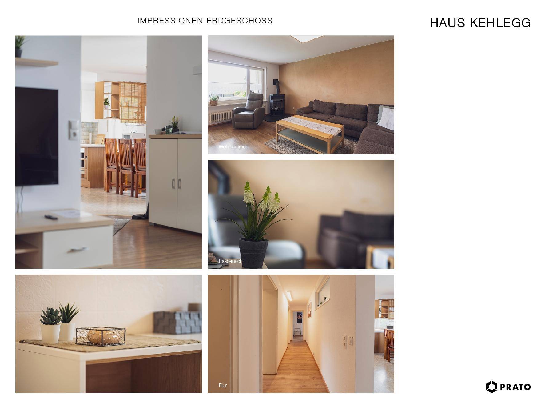 Gemütliches Wohnzimmer mit Sofa, Sessel, kleinem Ofen und hellem Flur.