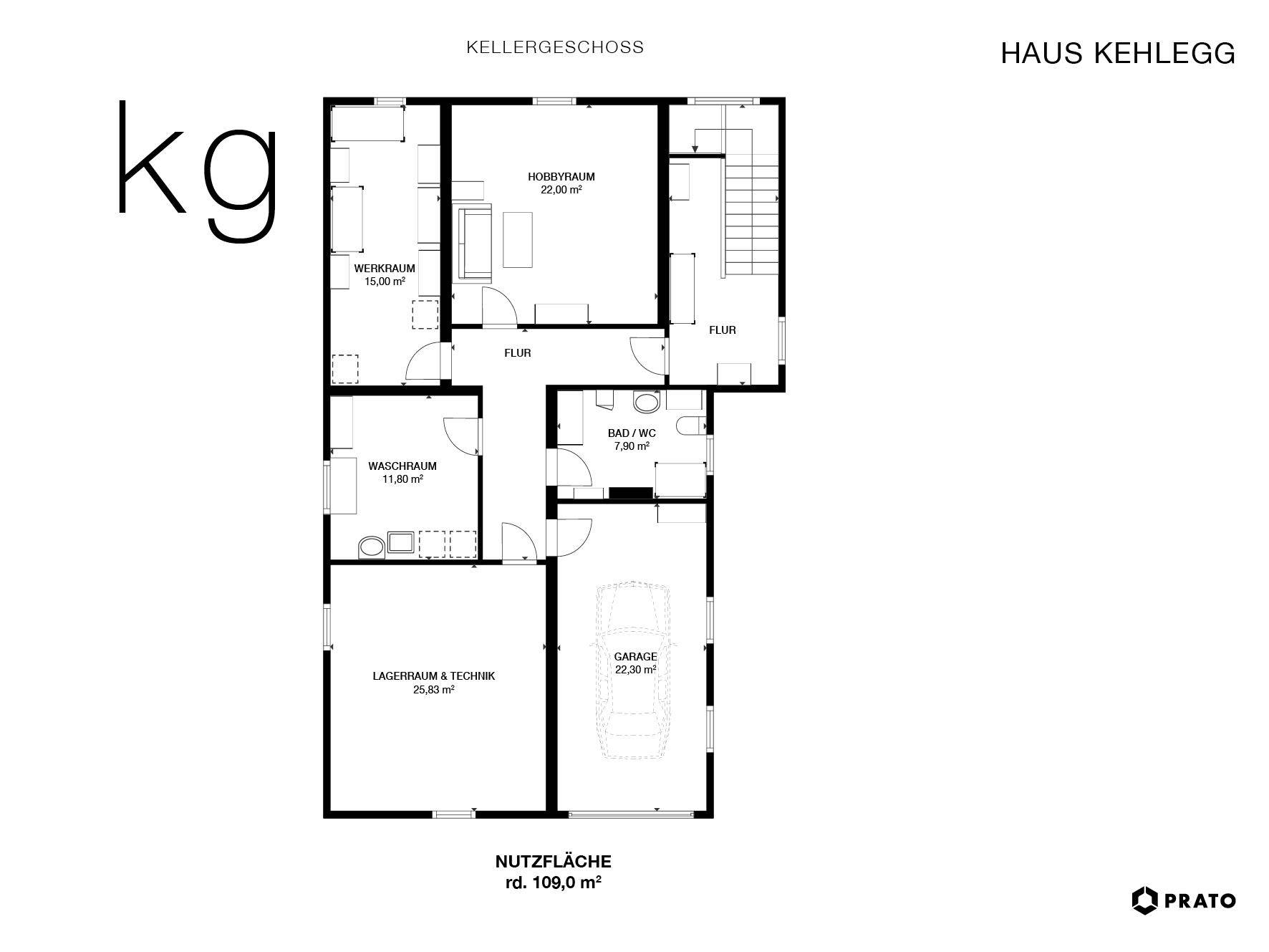 Grundriss des Kellergeschosses mit Hobbyraum, Werkraum, Waschraum, Bad/WC und Garage.
