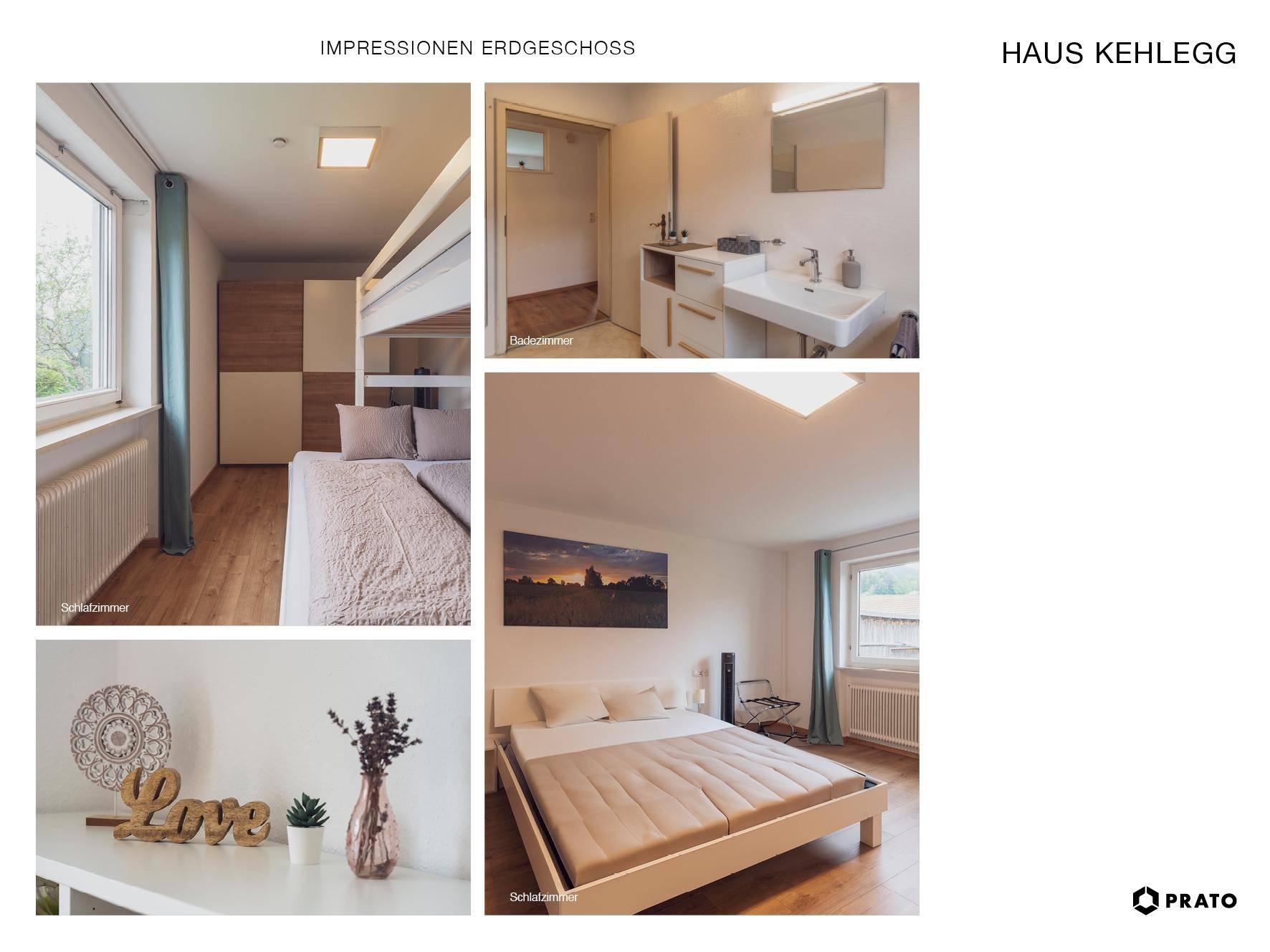 Zwei helle Schlafzimmer, eines mit Etagenbett, und ein Badezimmer mit modernem Waschbecken.
