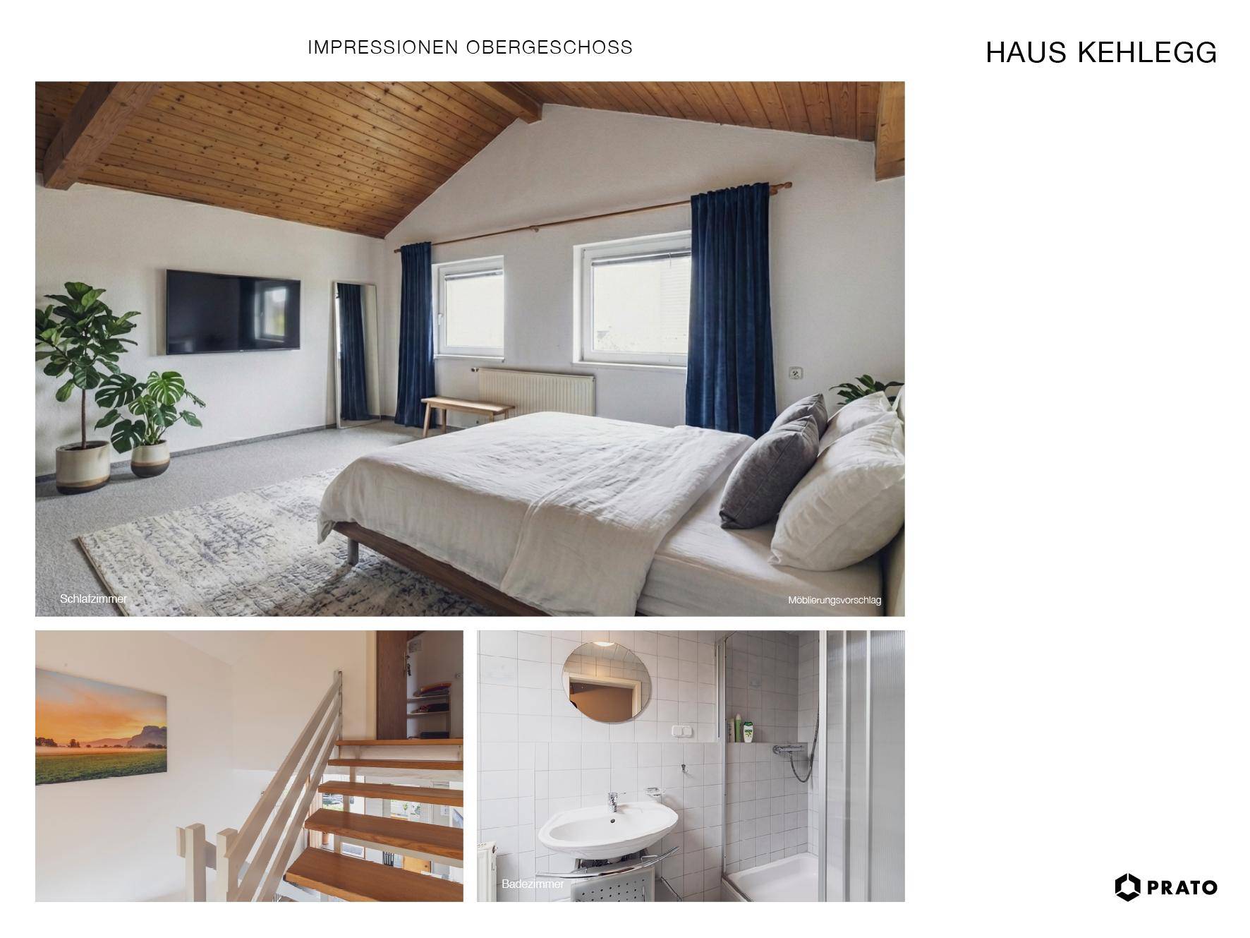Schlafzimmer mit Holzdachschräge, Badezimmer mit Dusche und hellem Treppenaufgang im Obergeschoss.