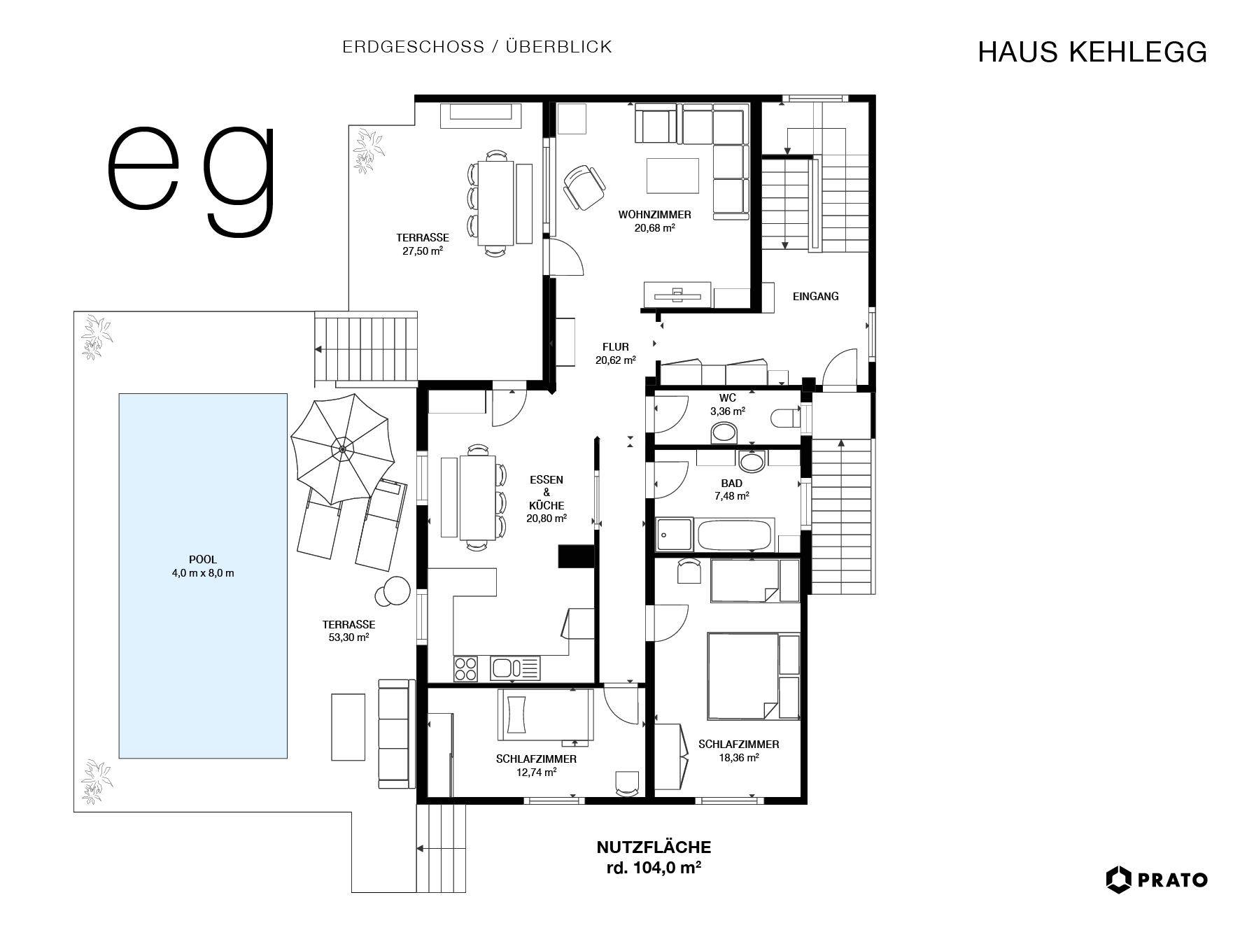 Grundriss des Erdgeschosses mit Wohnzimmer, Küche, Schlafzimmer, Bad, WC, Terrasse und Pool.