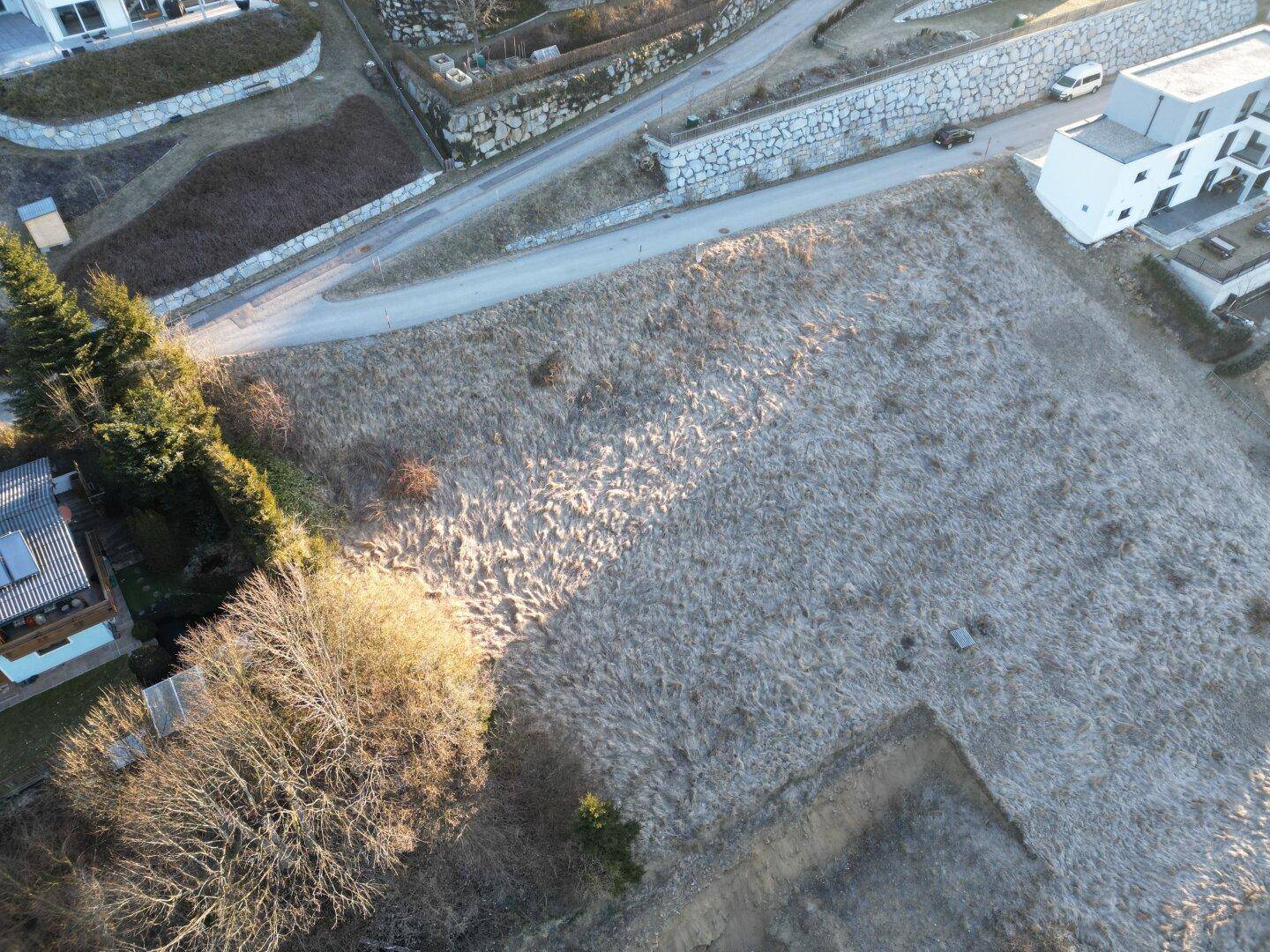 Luftaufnahme eines Grundstücks mit trockener Vegetation, umgeben von einer Straße und Wohnhäusern.