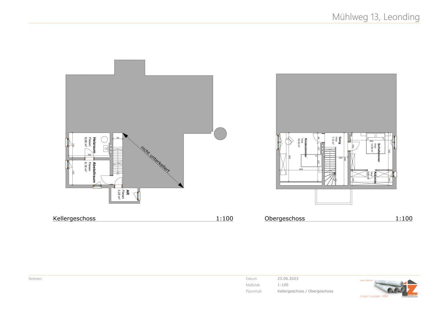 Grundrisse von Kellergeschoss und Obergeschoss mit Schlafzimmern und Bad.