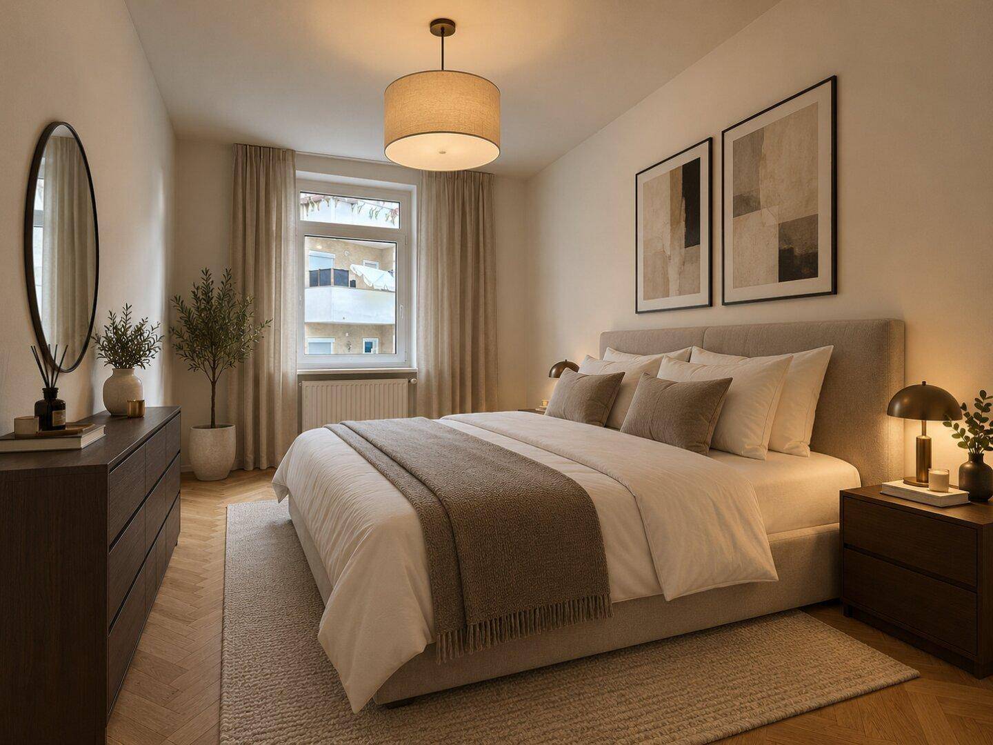 Gemütliches Schlafzimmer mit Doppelbett, modernem Mobiliar und Blick ins Grüne.