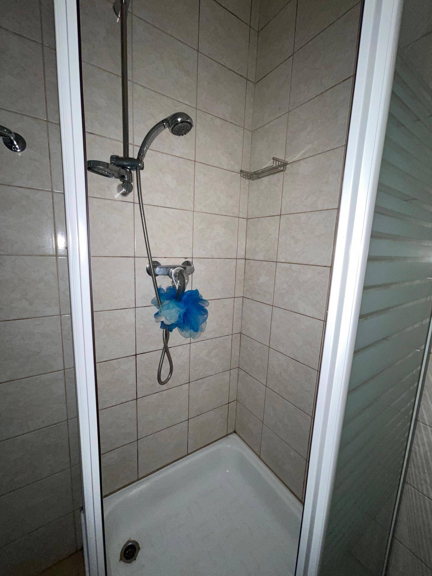 Duschkabine mit Fliesenwänden und Handbrause, sauber und funktional gestaltet.