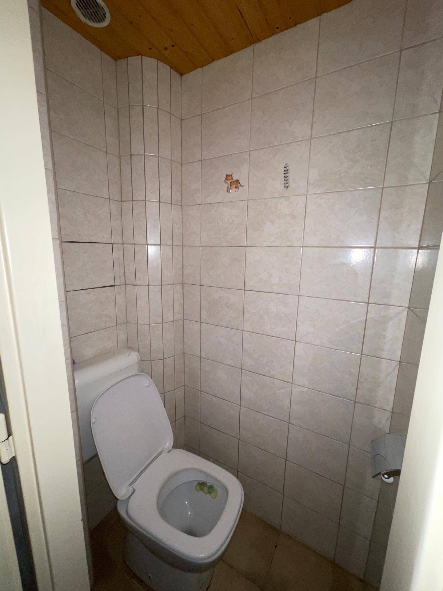Separate Toilette mit Fliesenwänden und Holzdecke, bietet eine einfache Ausstattung.