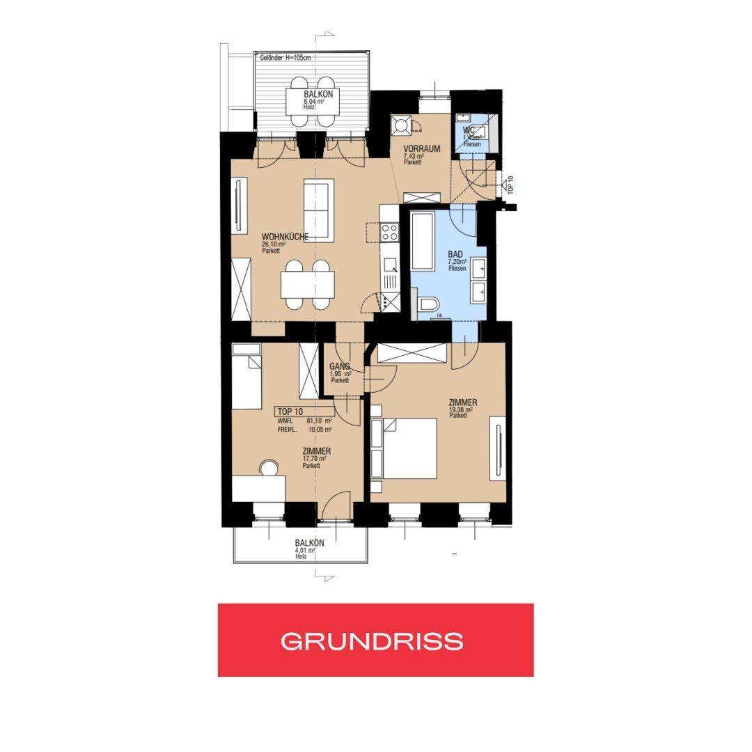 Grundriss einer Wohnung mit Wohnküche, zwei Zimmern, Bad und zwei Balkonen.