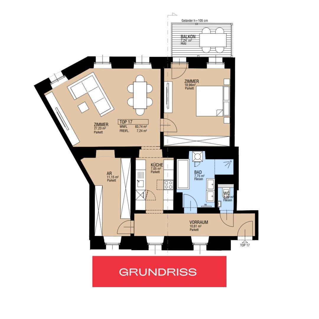Grundriss der Wohnung mit Balkon, Küche, Bad und mehreren Zimmern.