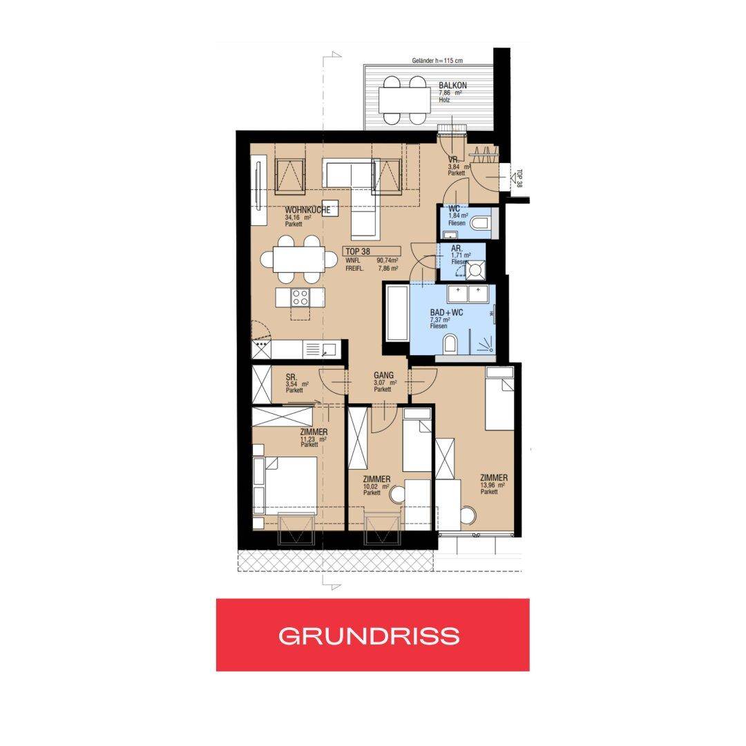 Detaillierter Grundriss einer Wohnung mit Wohnküche, drei Zimmern und Balkon.
