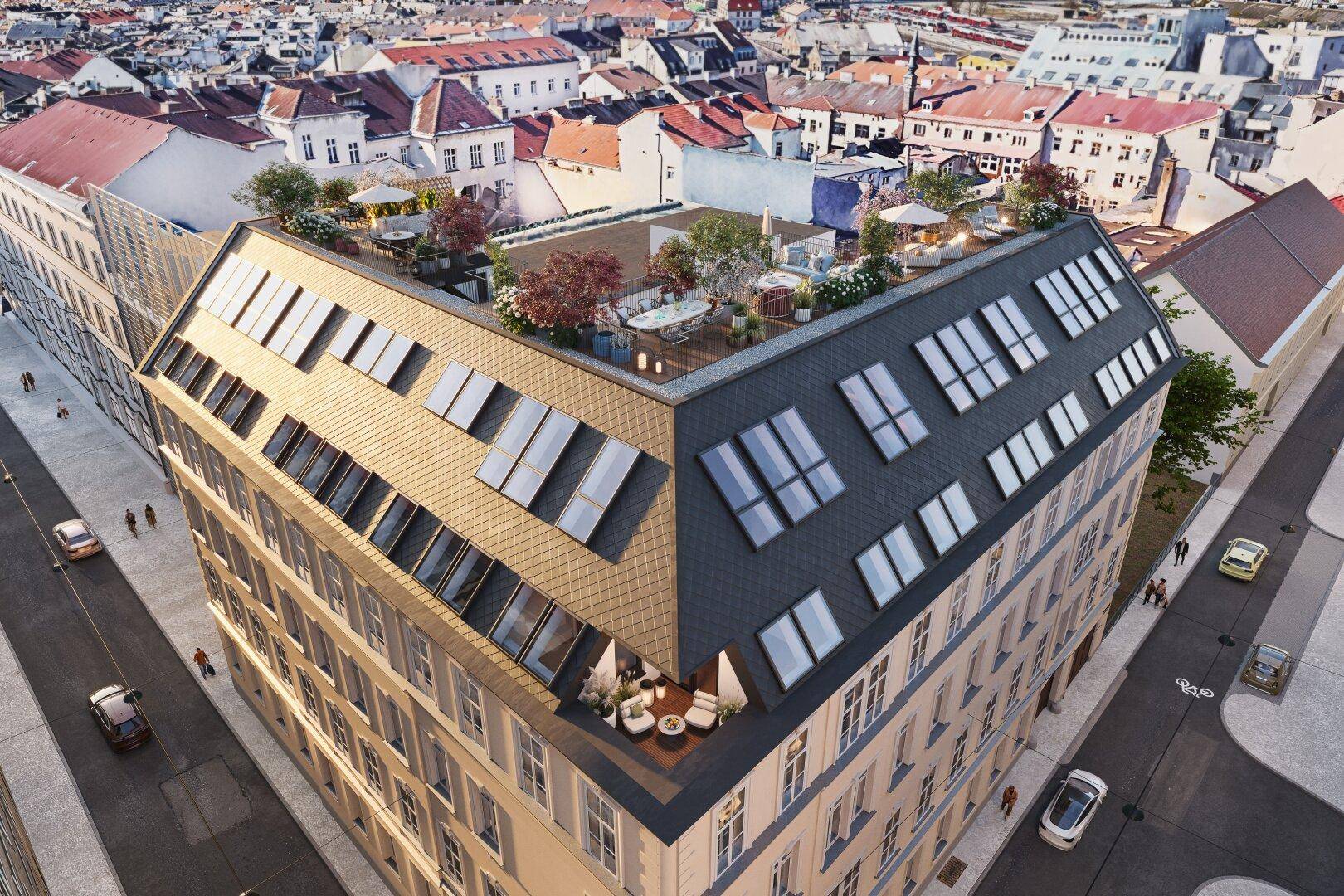 Dachterrassen mit Sitzbereichen und Pflanzen auf einem modernen Stadtgebäude mit Weitblick.