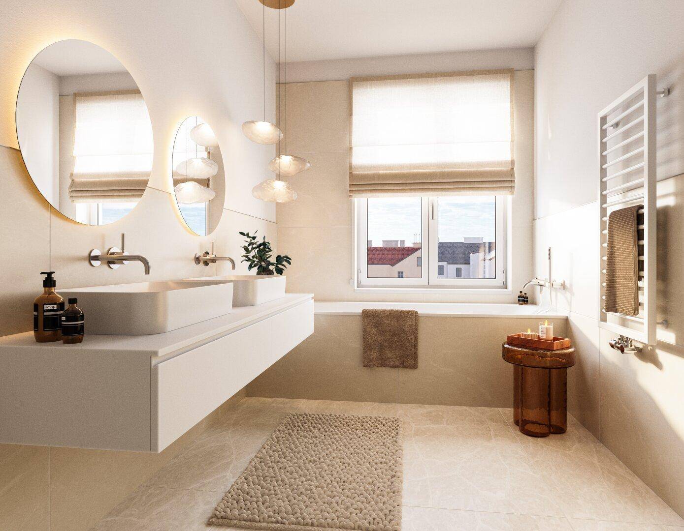 Modernes Badezimmer mit Doppelwaschbecken, Badewanne und beheiztem Handtuchhalter am Fenster.