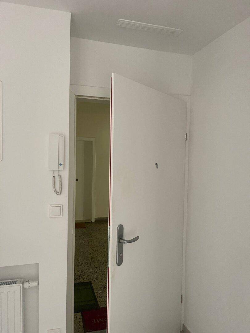 Eingangsbereich mit weißer Tür, Gegensprechanlage und Blick in den angrenzenden Flur.