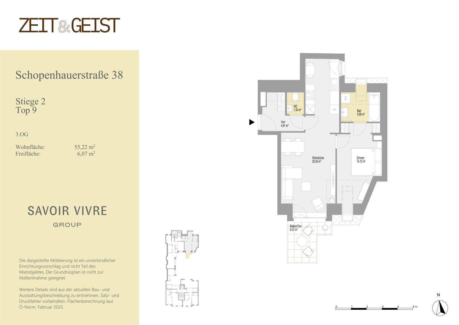 Grundriss einer modernen Wohnung mit offenem Wohnbereich, zwei Schlafzimmern und einem Balkon.