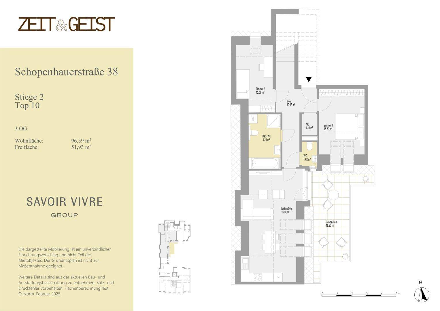 Grundriss einer Wohnung mit offenem Wohnbereich, Schlafzimmern, Bad und großer Terrasse.