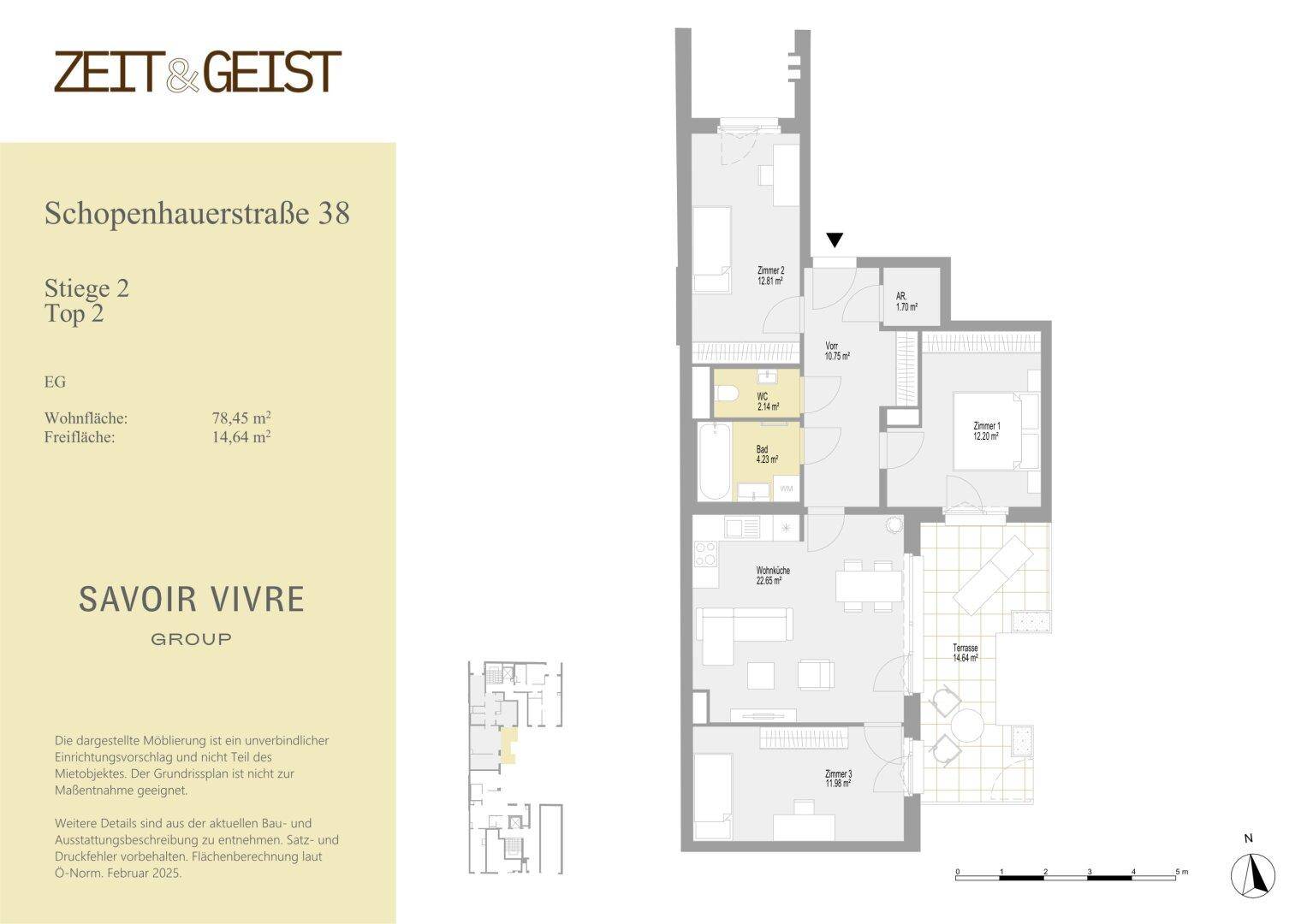 Grundriss einer Wohnung mit offenem Wohnbereich, Terrasse und Balkon.