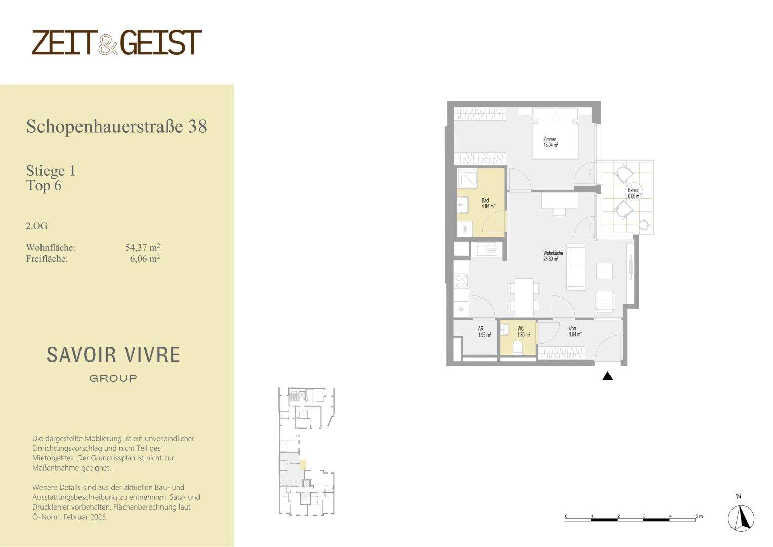 Grundrissplan einer Wohnung mit Balkon, separatem WC und offenem Wohnbereich.