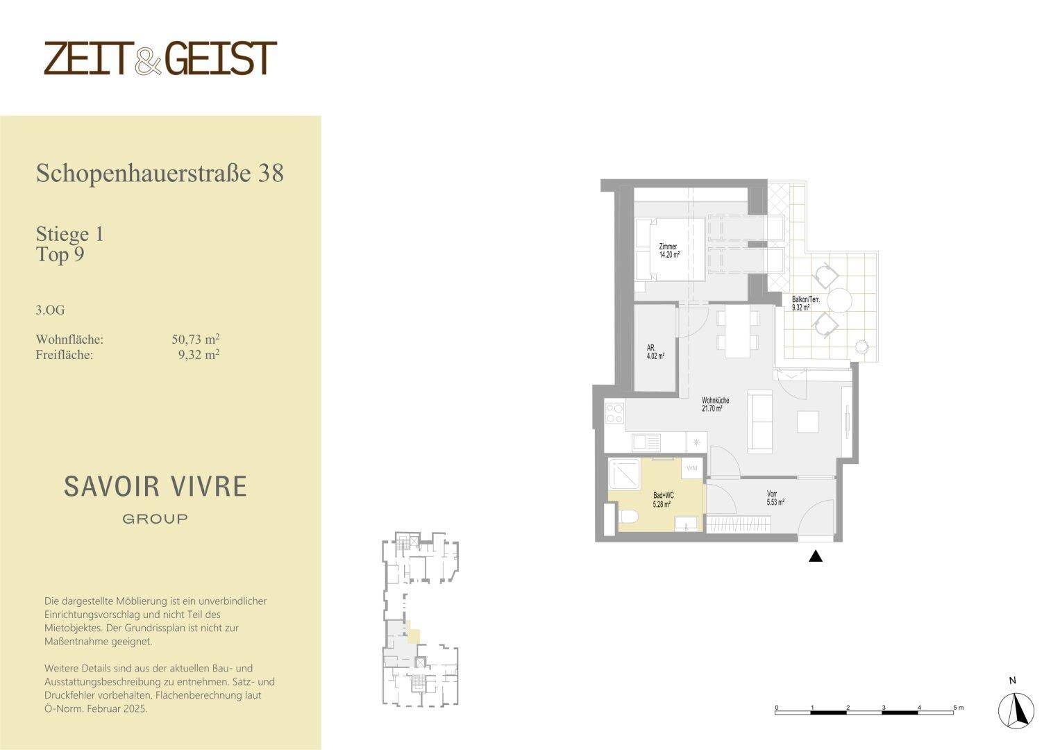Grundriss einer Wohnung mit offenem Wohnbereich, Schlafzimmer und Balkon.
