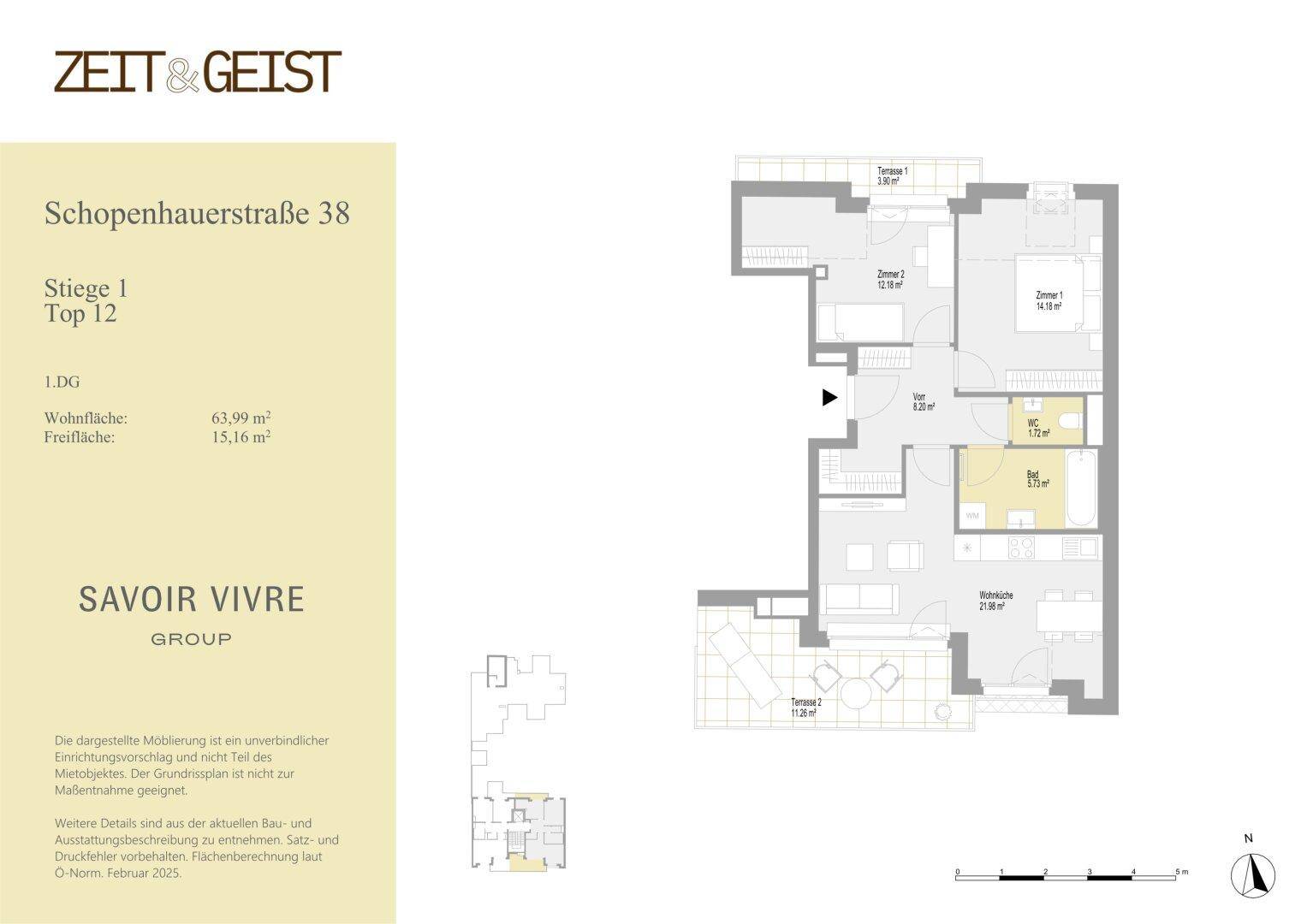 Grundriss einer Wohnung mit zwei Terrassen, einem Schlafzimmer und offenem Wohnbereich.