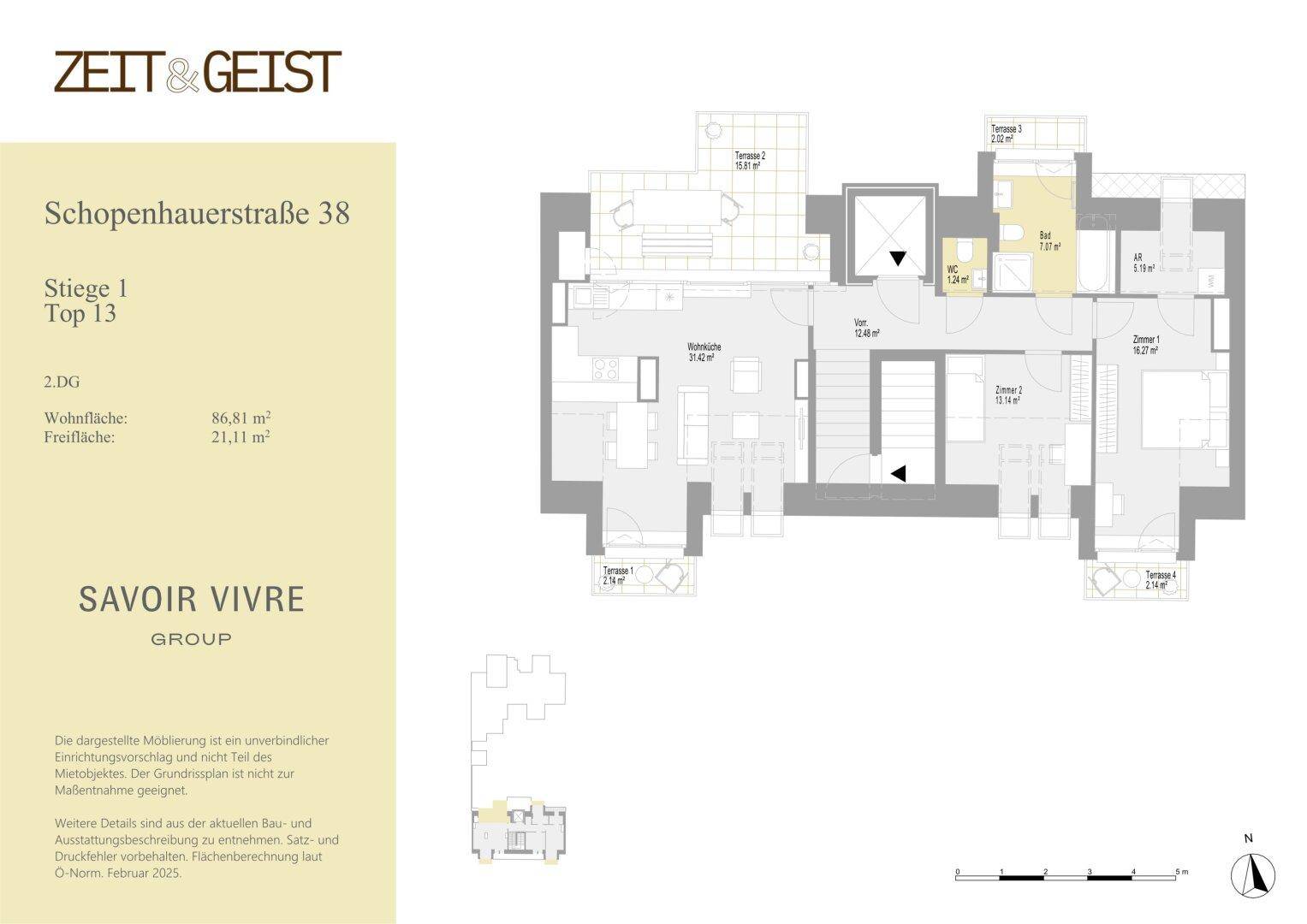 Grundrissplan einer Wohnung mit offenem Wohnbereich, mehreren Zimmern und Zugang zu Terrassen.