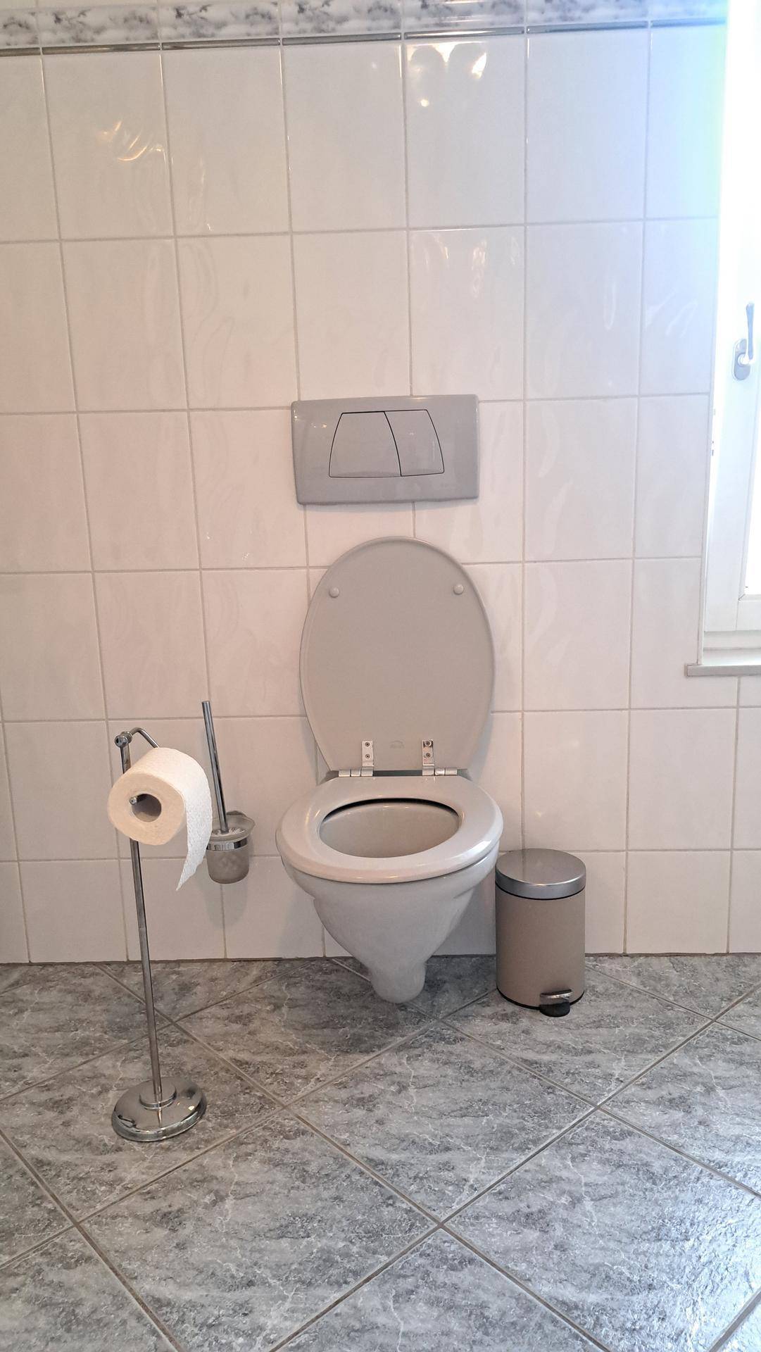 Toilette mit Wand-WC, Spülkasten und Fliesenboden.