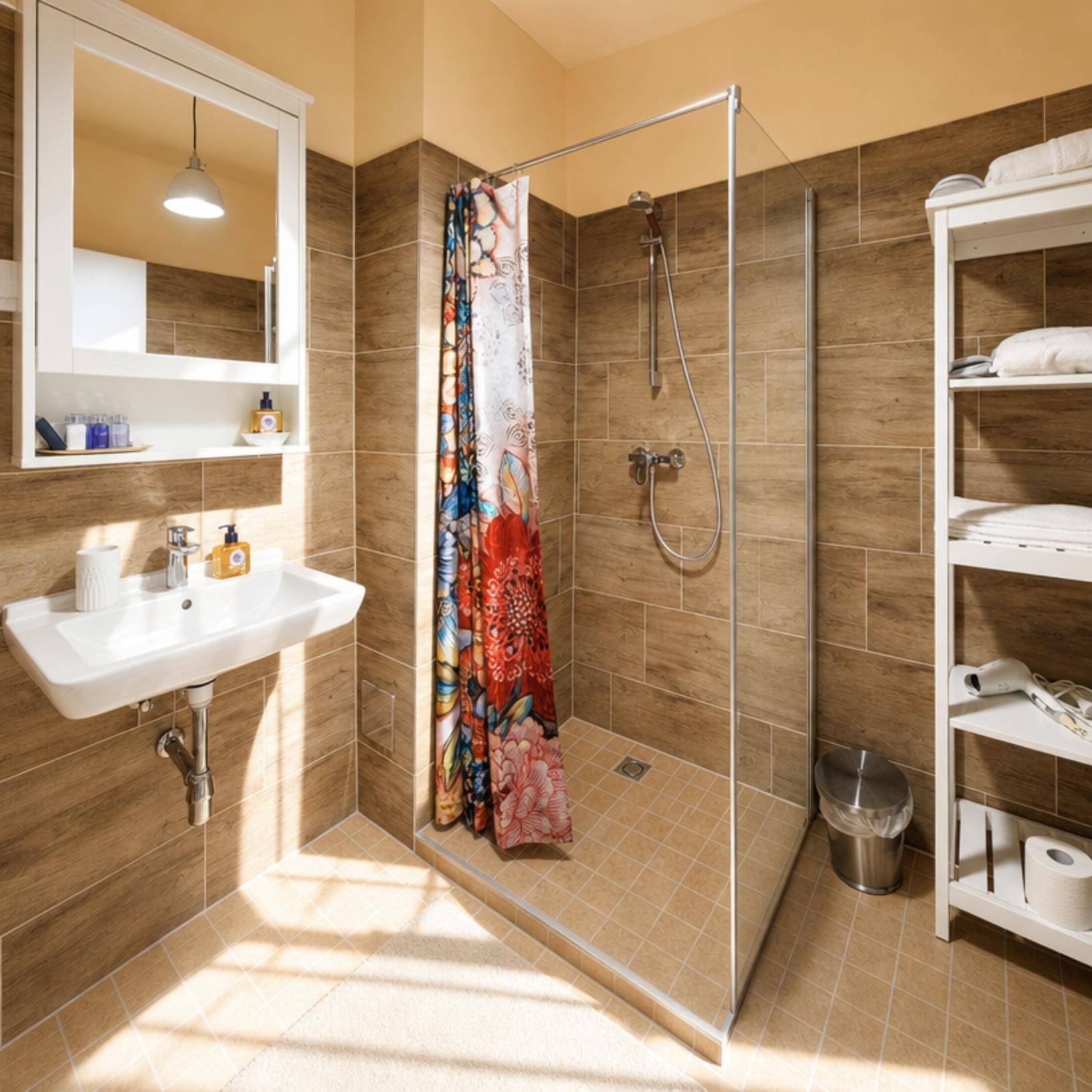 Modernes Badezimmer mit begehbarer Dusche, Einzelwaschbecken und holzfarbenen Fliesen.