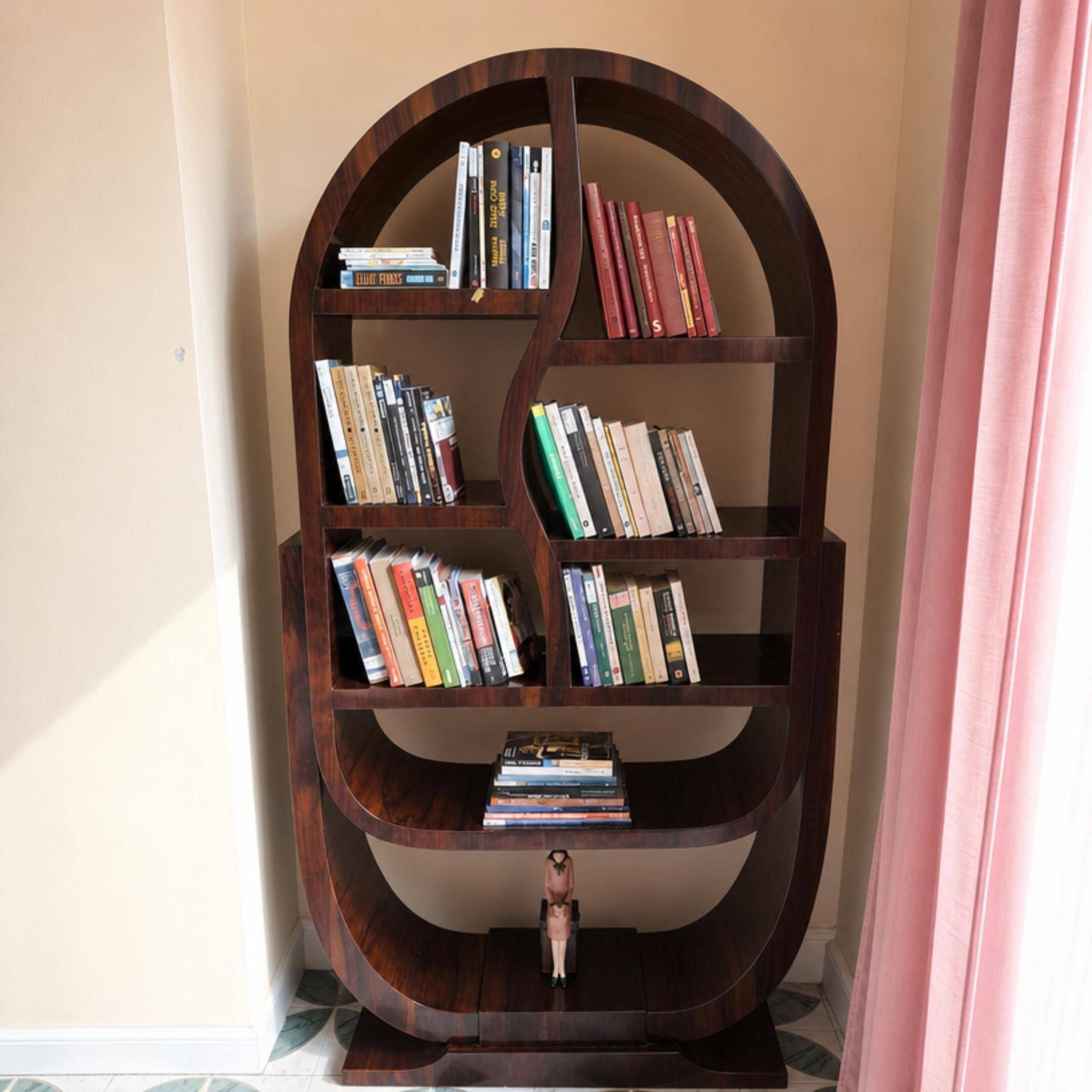 Einzigartiges, geschwungenes Holzregal gefüllt mit Büchern, neben einem rosafarbenen Vorhang.